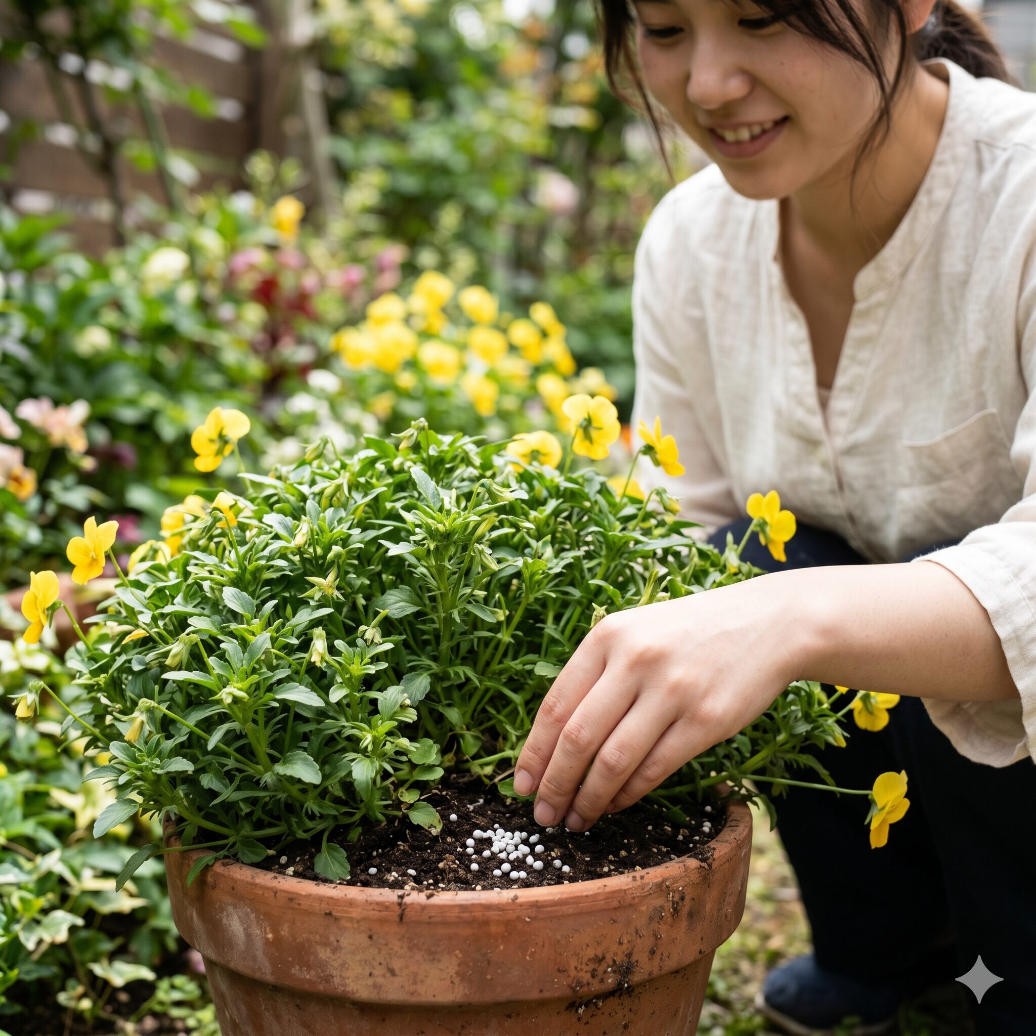フィオリーナ 鉢植え6　フィオリーナの長期開花と多花性を支えるために株元の土に固形肥料（置肥）を与える様子