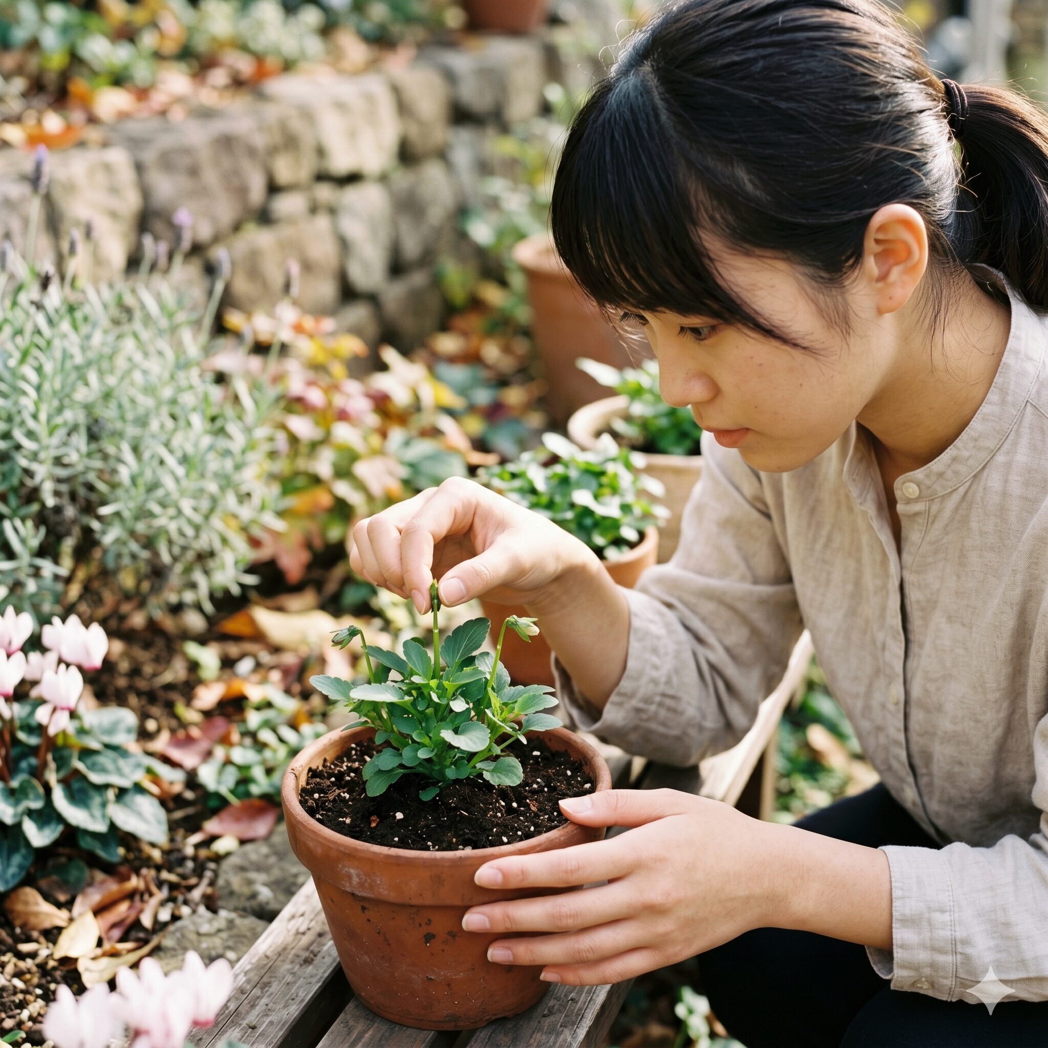 フィオリーナ 鉢植え7　分枝を促しボリュームを出すために11月に行うフィオリーナの摘芯（ピンチ）作業