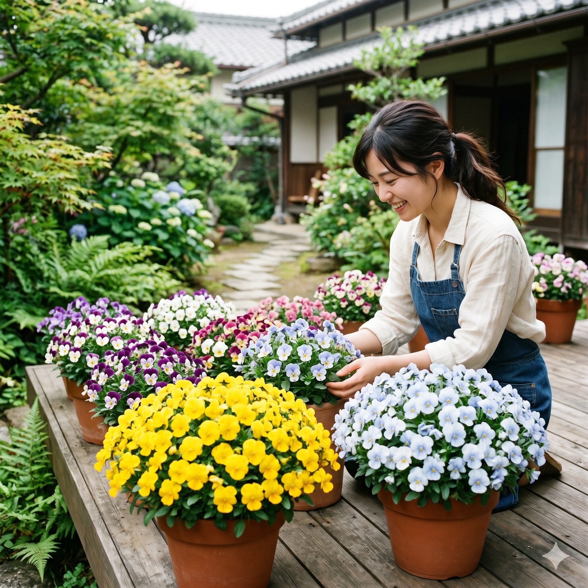 フィオリーナ 鉢植え9　こんもりと美しいドーム状に咲き誇るフィオリーナの人気品種ゴールドとスカイブルーの鉢植え