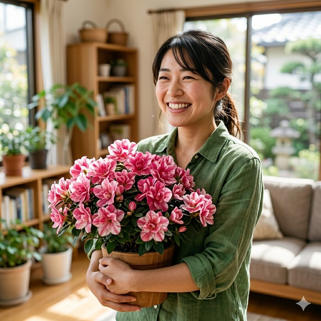 プリンセチア ロゼマーブル10　丹精込めて育てたプリンセチア ロゼマーブルを抱えて喜ぶ日本人女性