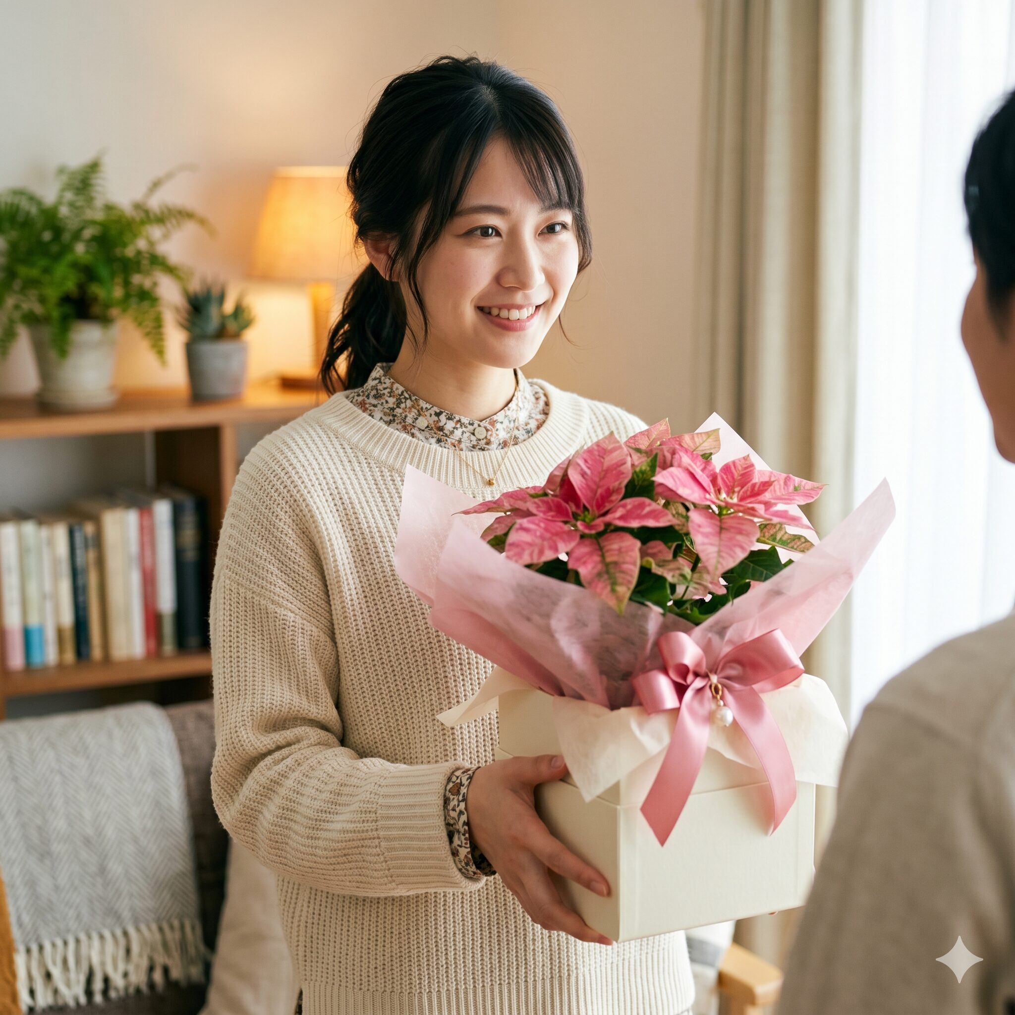 プリンセチア ロゼマーブル3　ピンクリボンのラッピングが施されたプリンセチア ロゼマーブルを持つ日本人女性