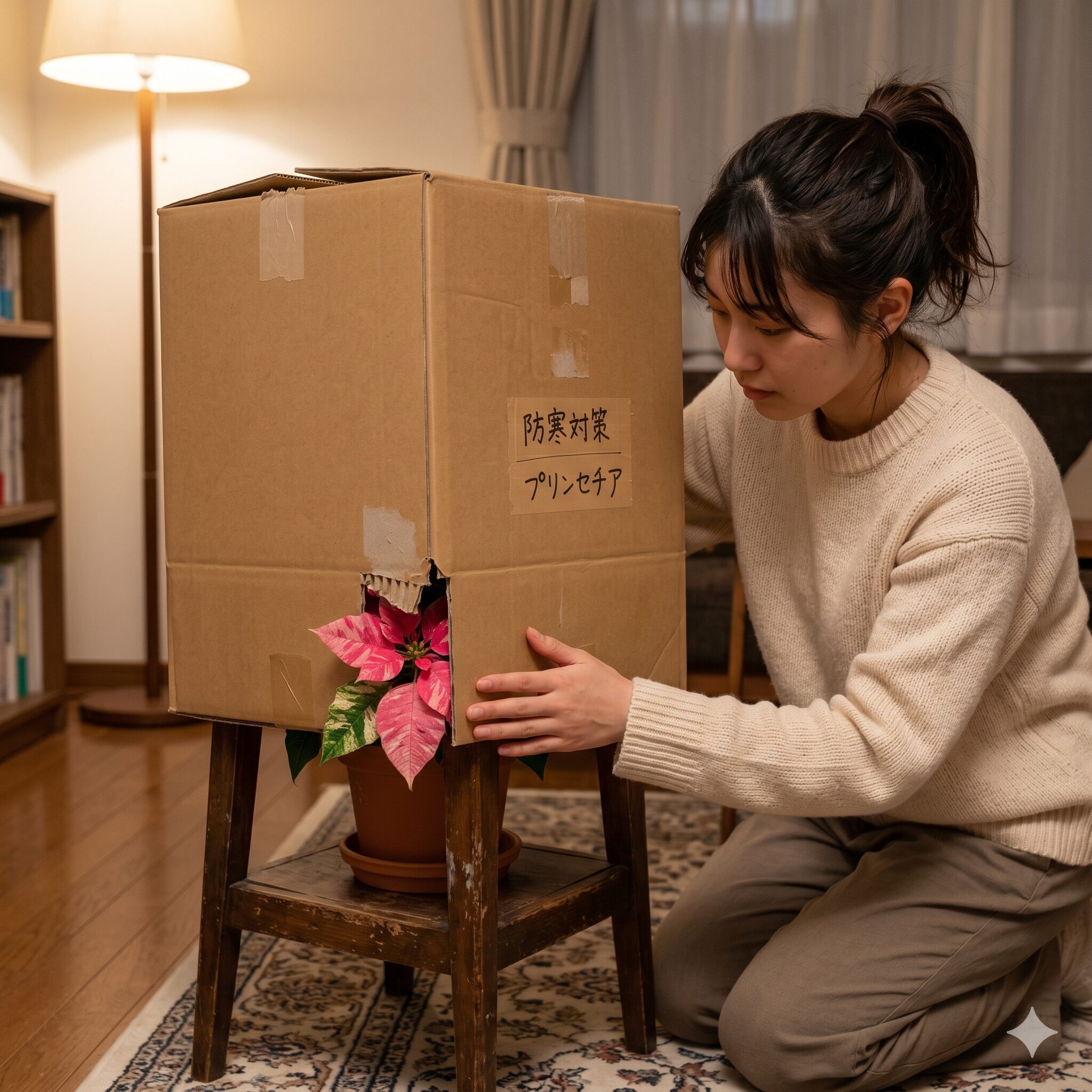 プリンセチア ロゼマーブル6　プリンセチア ロゼマーブルの冬越し対策として段ボール箱で保温する様子