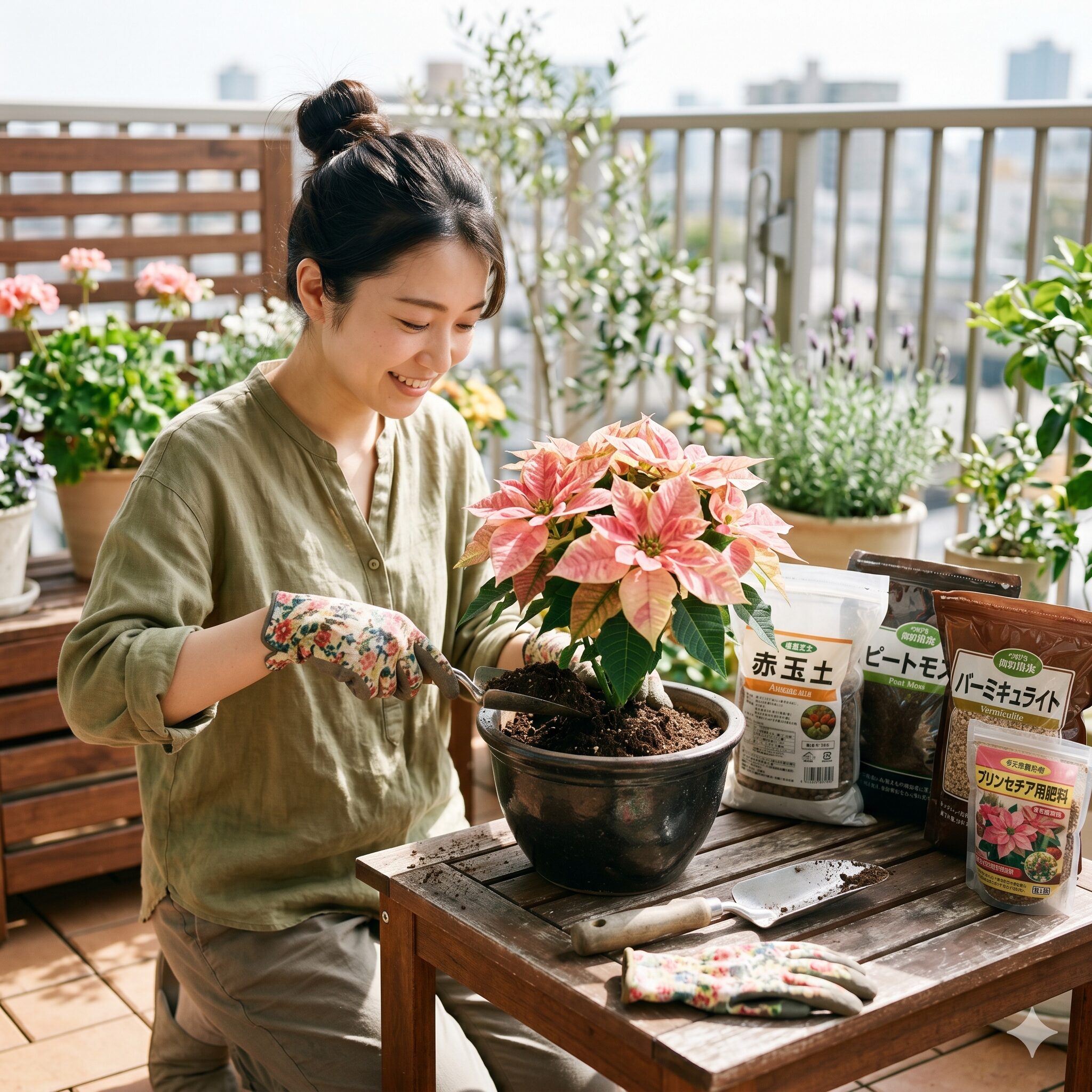 プリンセチア ロゼマーブル7　春にプリンセチア ロゼマーブルを新しい用土で植え替える日本人女性