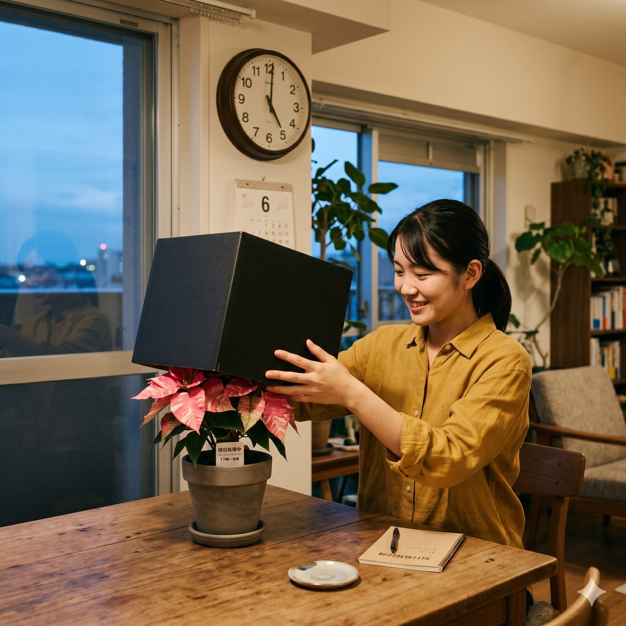 プリンセチア ロゼマーブル9　翌年の発色のために夕方17時から短日処理を行う日本人女性