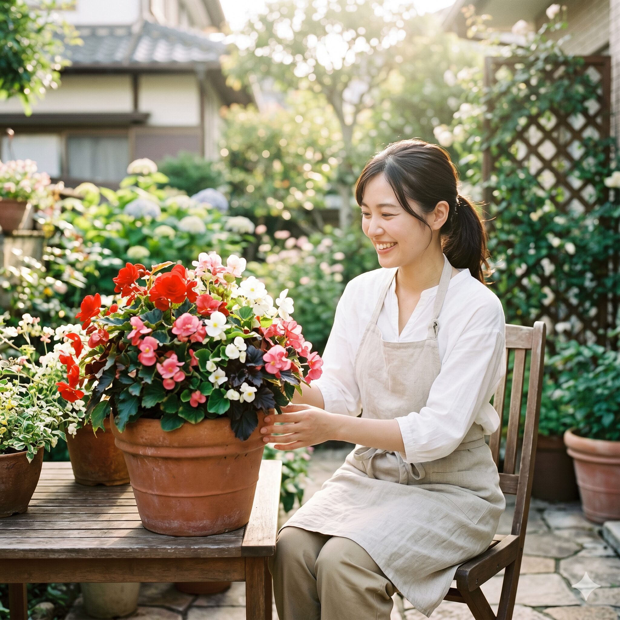 ベゴニア 寄せ植え 相性1　ベゴニアの寄せ植えをテラスで楽しむ若い日本人女性と華やかな花鉢のアイキャッチ画像