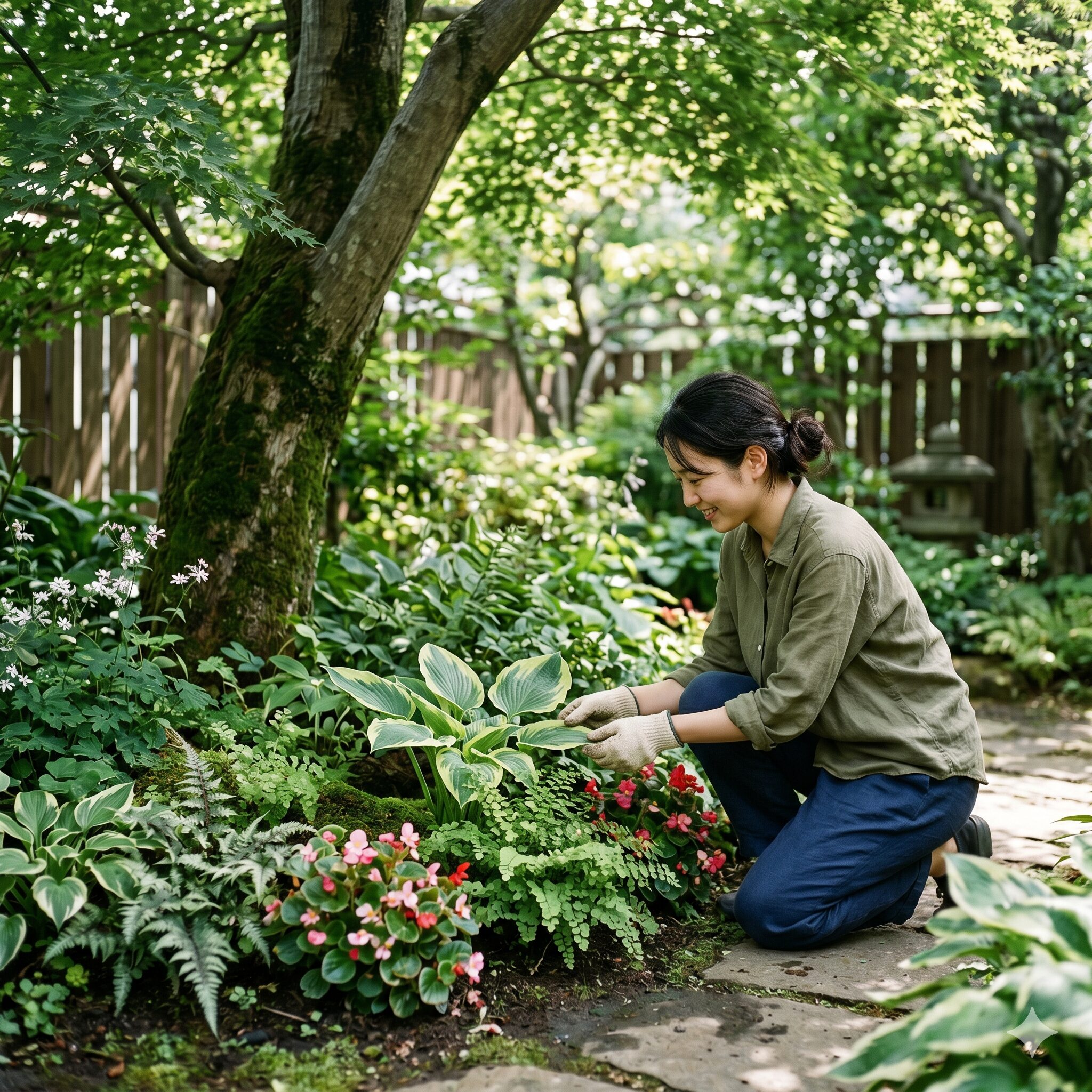 ベゴニア 寄せ植え 相性2　明るい日陰（半日陰）で元気に育つベゴニアとシダ植物の寄せ植え