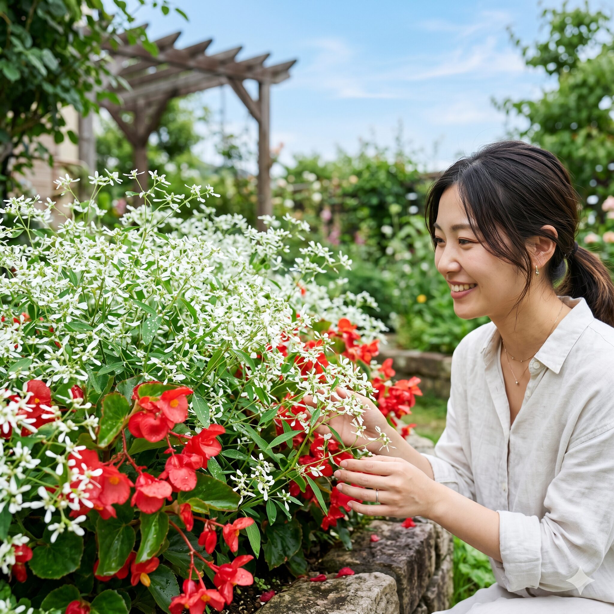 ベゴニア 寄せ植え 相性3　夏の暑さに強いベゴニアとユーフォルビア・ダイヤモンドフロストの涼しげな組み合わせ