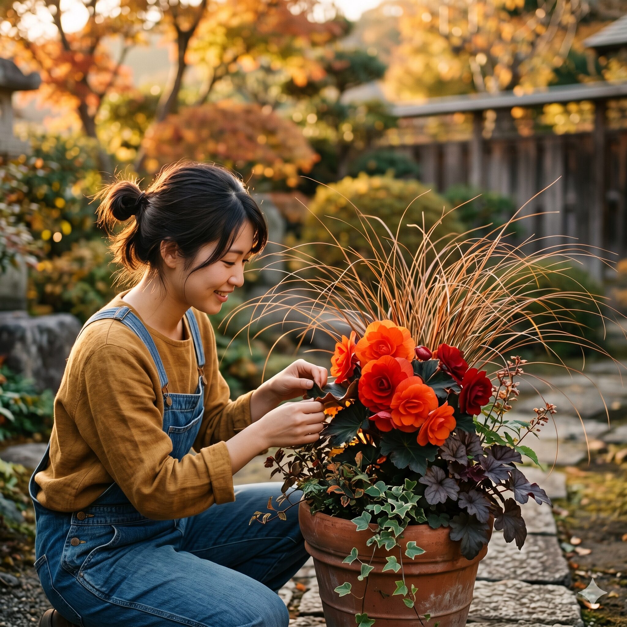 ベゴニア 寄せ植え 相性7　秋を彩る大輪の球根ベゴニアと、動きのある葉を持つカレックスのデザイン