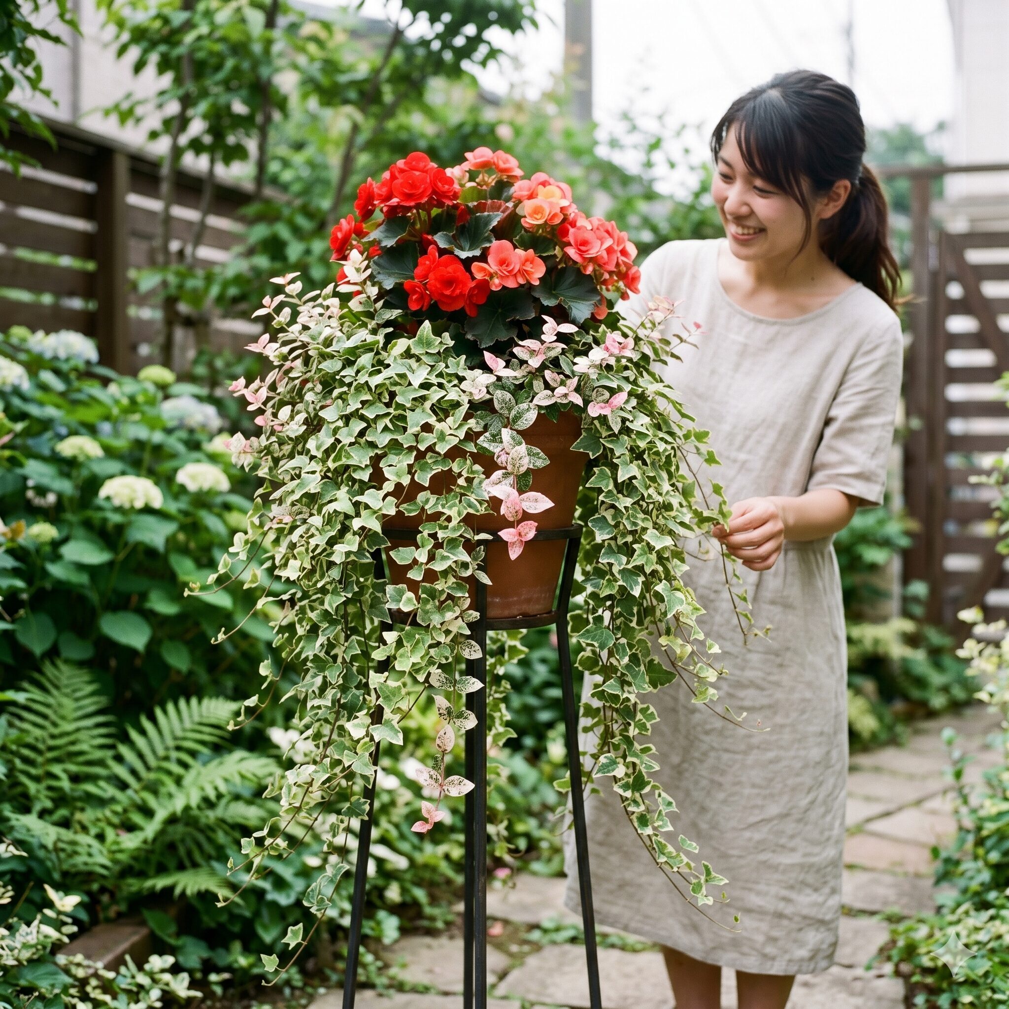 ベゴニア 寄せ植え 相性8　鉢の縁から垂れ下がるアイビーとベゴニアの動きのある寄せ植え配置