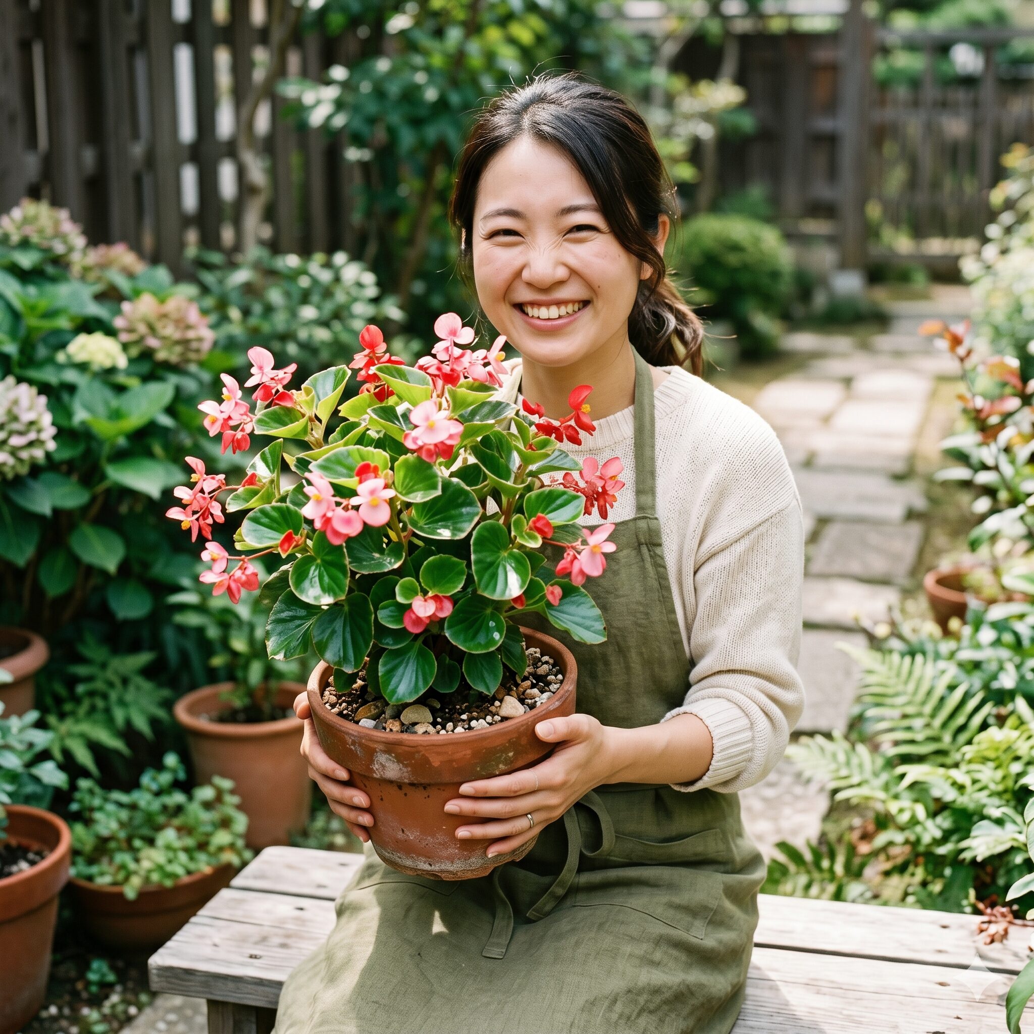 ベゴニア 枯れる 復活10　適切なケアで見事に復活したベゴニアを抱える若い日本人女性の笑顔