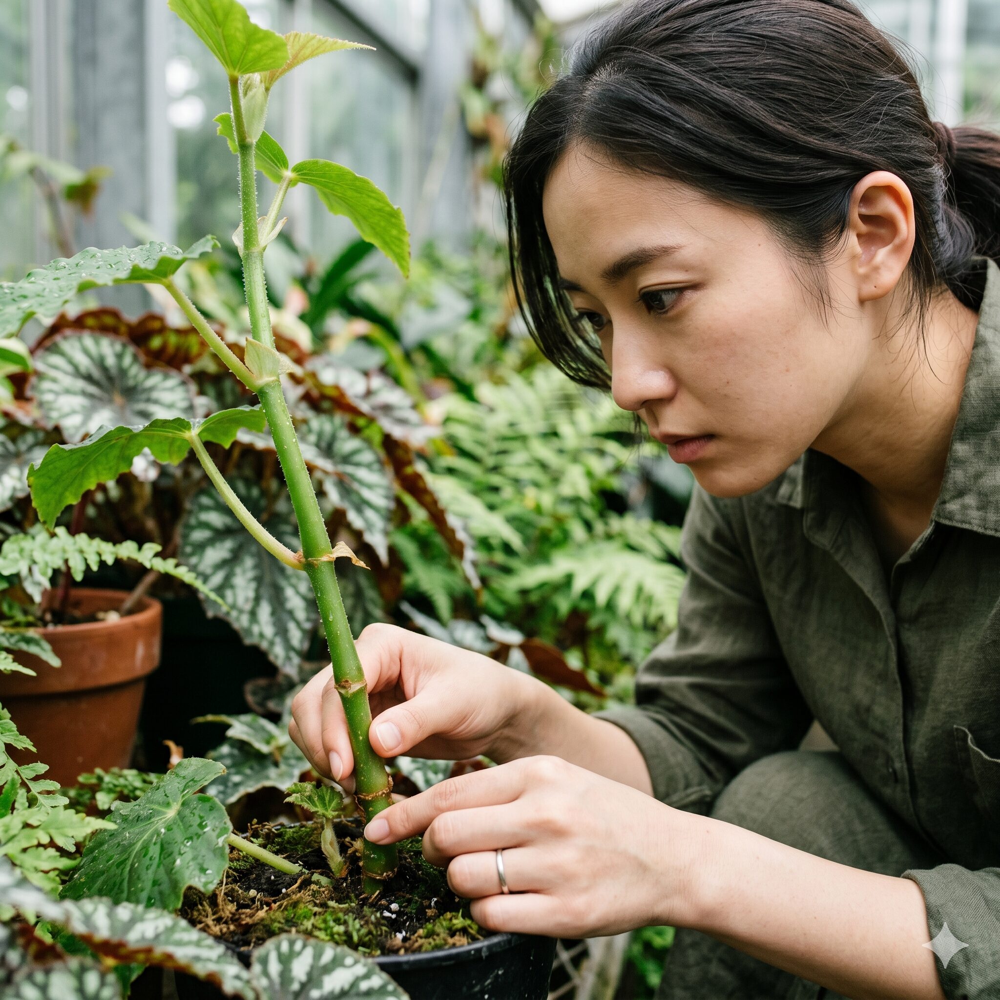 ベゴニア 枯れる 復活5　ベゴニアが復活できるか茎の硬さを触って確認する生存診断の様子