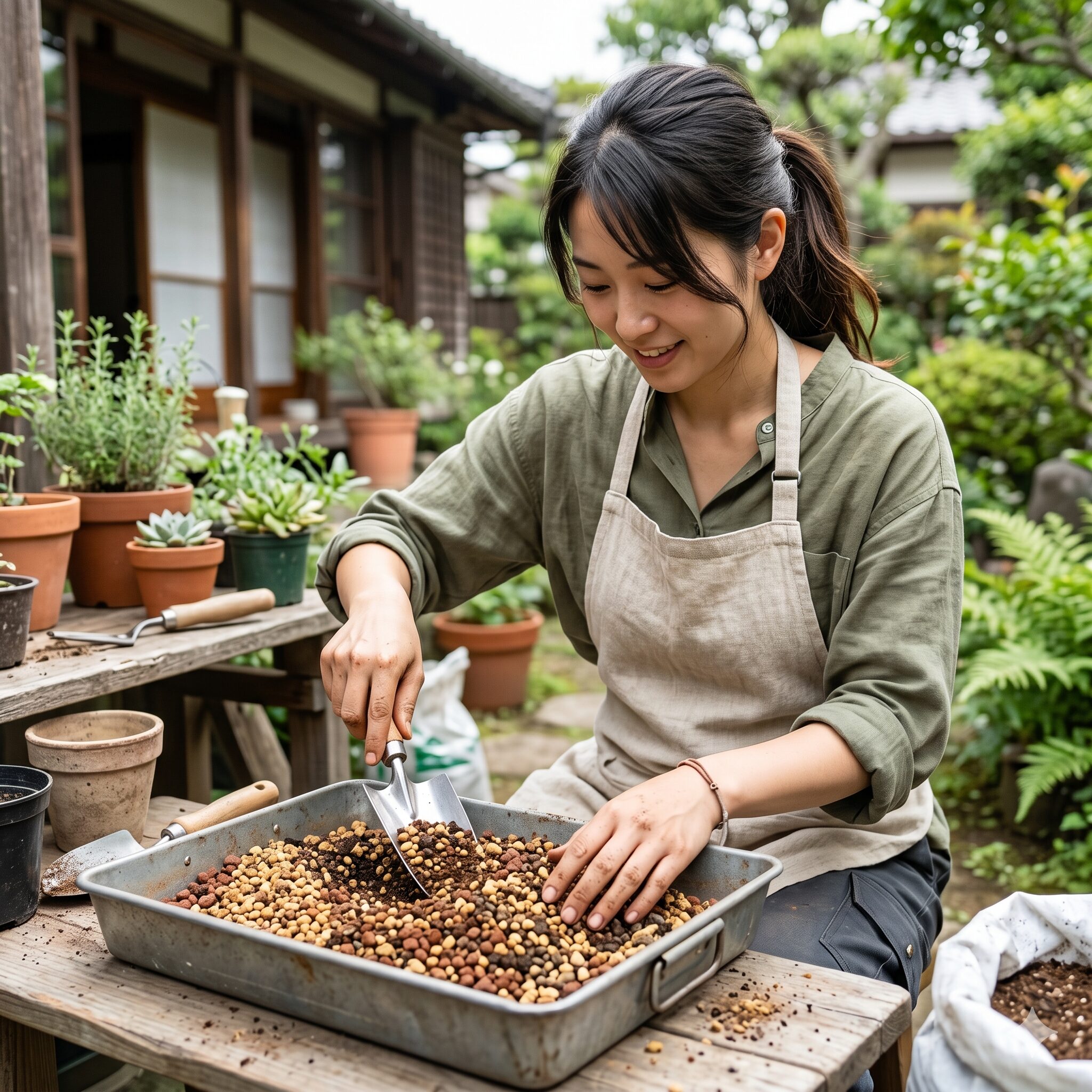 ベゴニア 枯れる 復活7　ベゴニアの復活に最適な水はけの良い用土をブレンドして植え替え準備をする様子