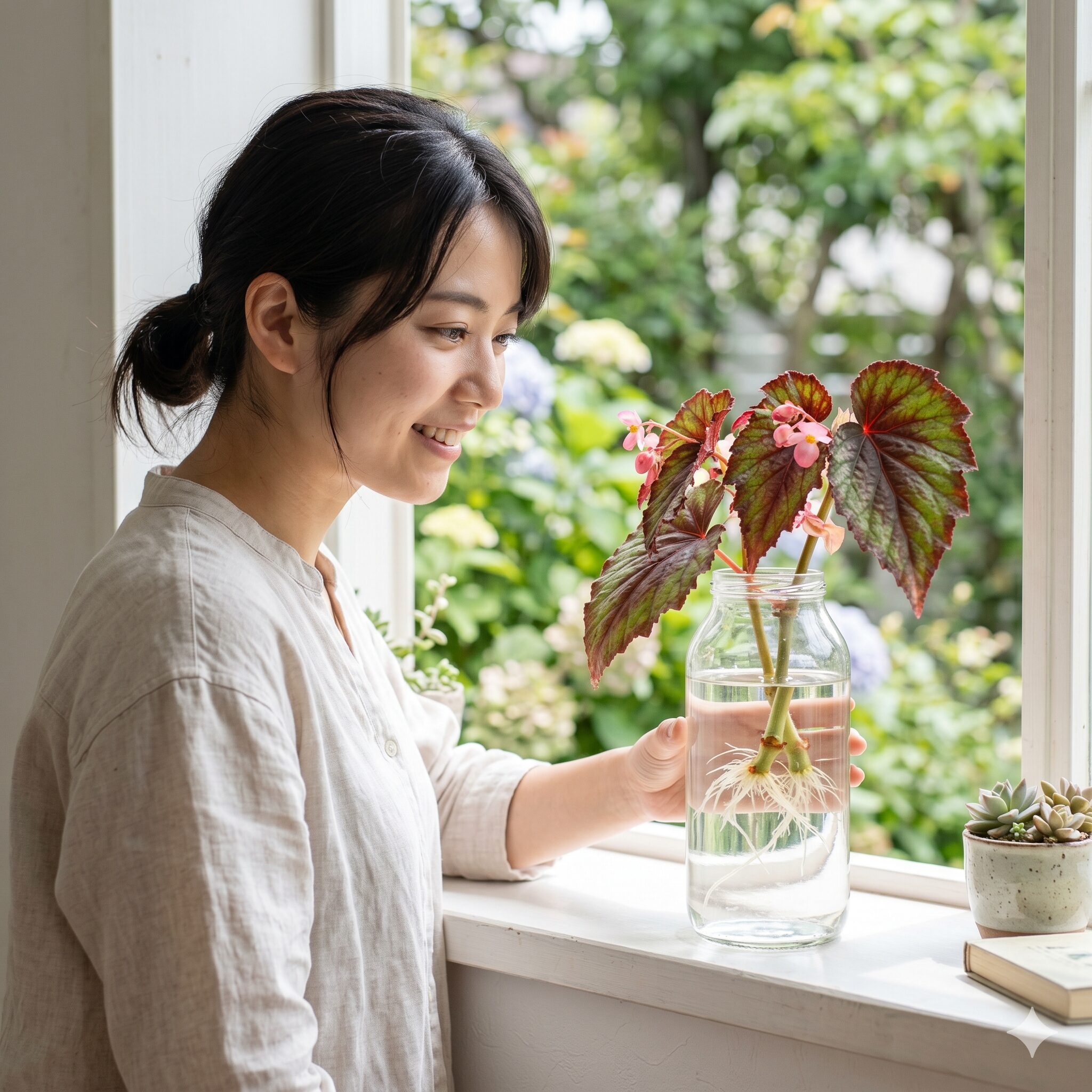 ベゴニア 枯れる 復活8　水挿しでベゴニアの茎から新しい根を再生させる水耕栽培の様子