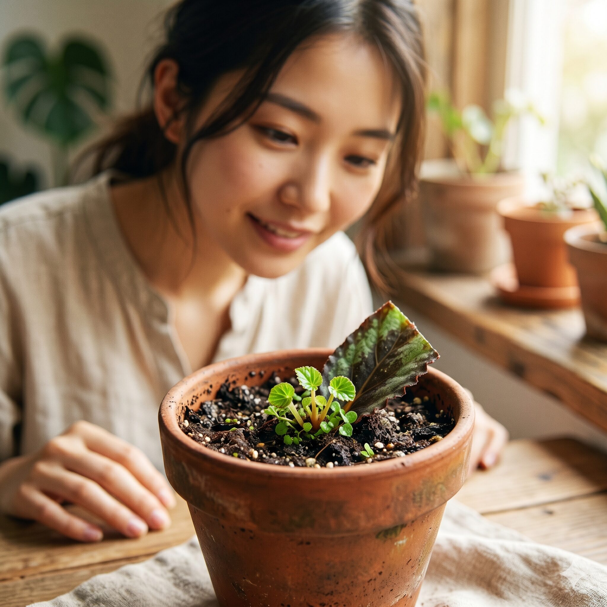 ベゴニア 育て方 室内8　ベゴニアの葉挿しから小さな新芽が芽生えた繁殖の様子