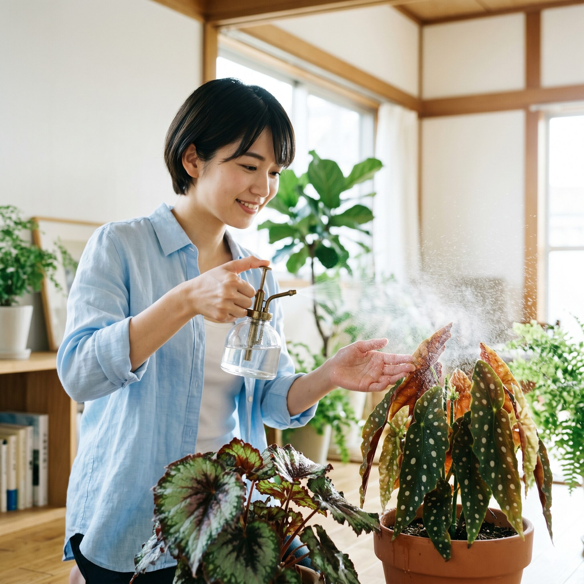 ベゴニア 育て方 室内9　ハダニ予防のためにベゴニアの葉に霧吹きで葉水を与える日本人女性