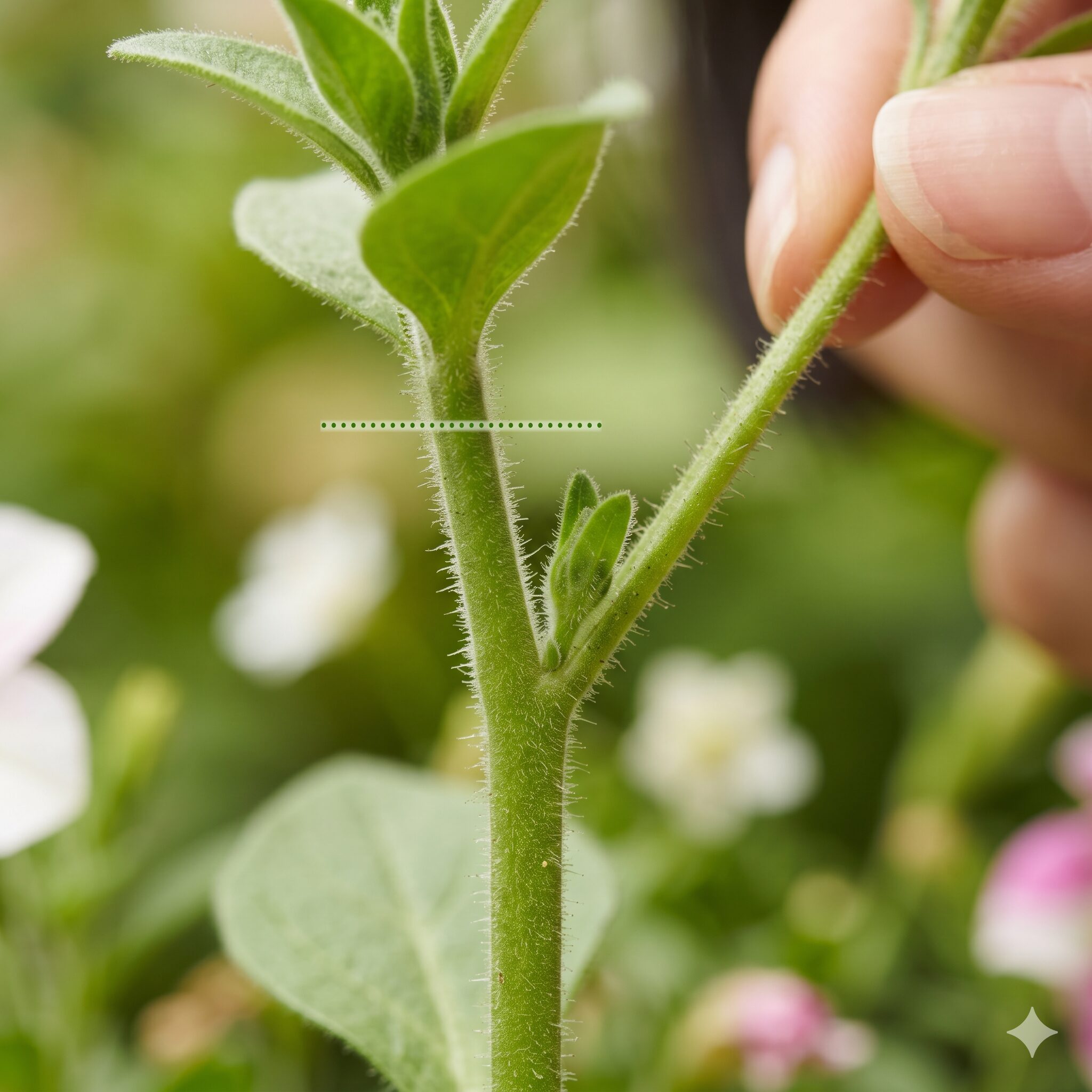ペチュニア 切り戻し いつまで7　ペチュニアの茎の節と脇芽の拡大写真。緑の葉を残して切る位置のポイント。