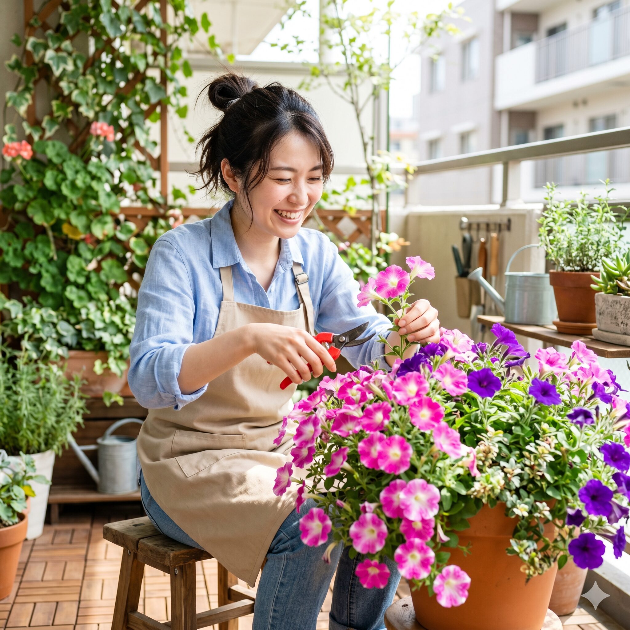 ペチュニア 切り戻し 失敗1　ペチュニアの切り戻しに挑戦する笑顔の日本人女性と満開のペチュニアの鉢植え
