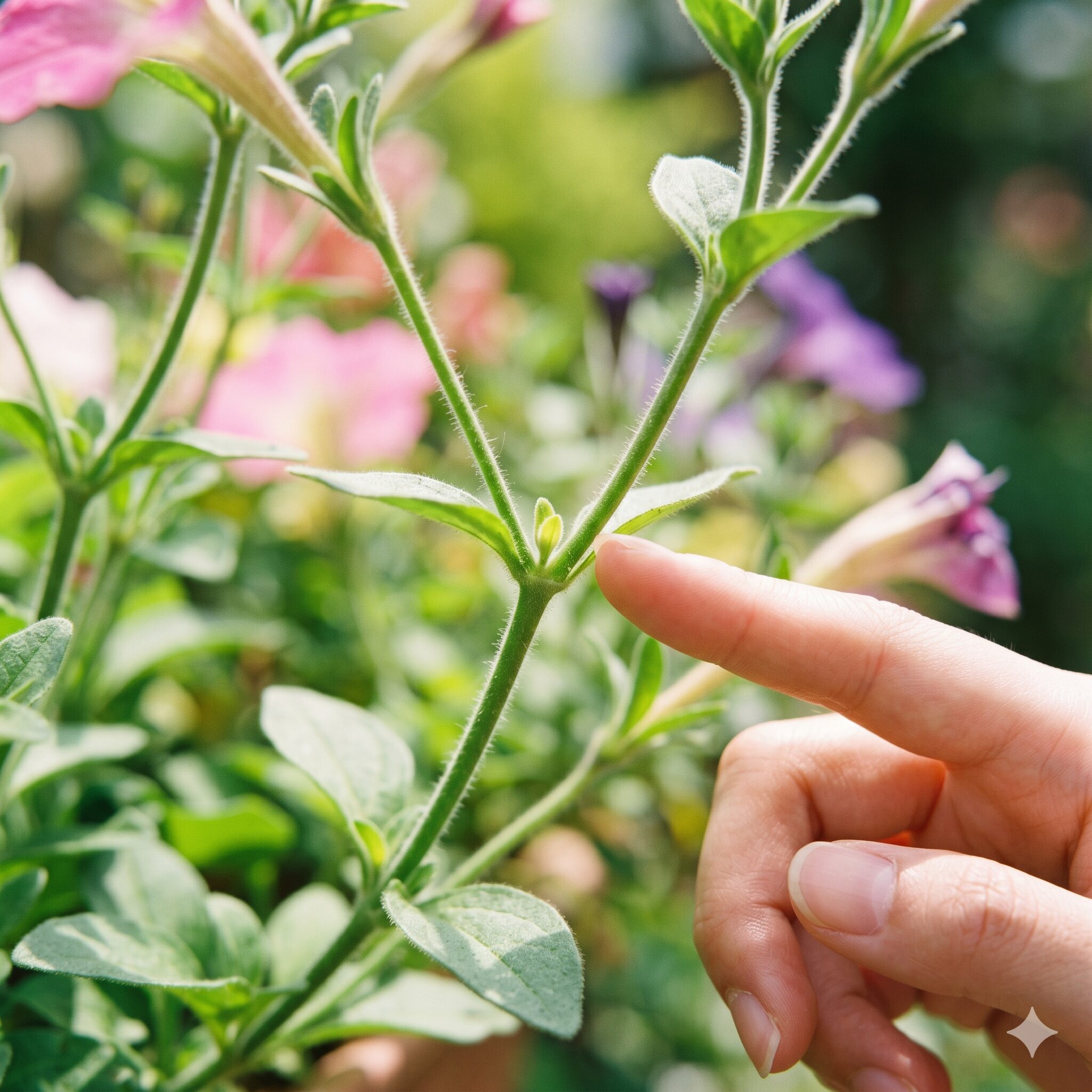 ペチュニア 切り戻し 失敗4　ペチュニアの切り戻しポイントである茎の節と小さな脇芽のクローズアップ