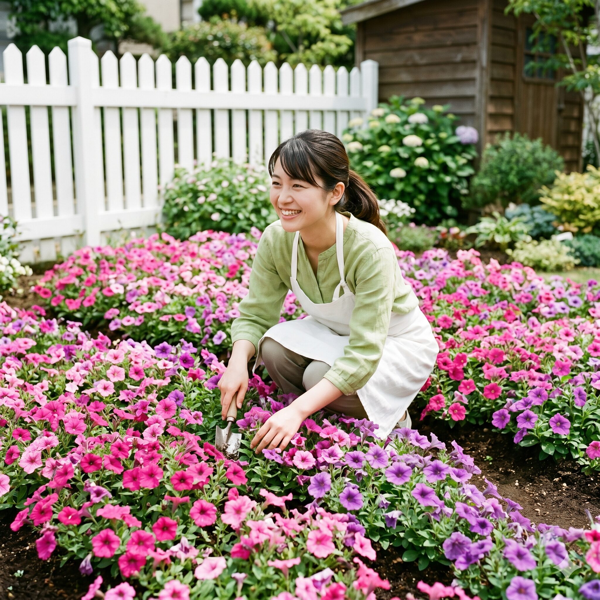 ペチュニア 地植え 花壇1　庭一面に満開に咲くペチュニアの地植え花壇とお手入れをする日本人女性