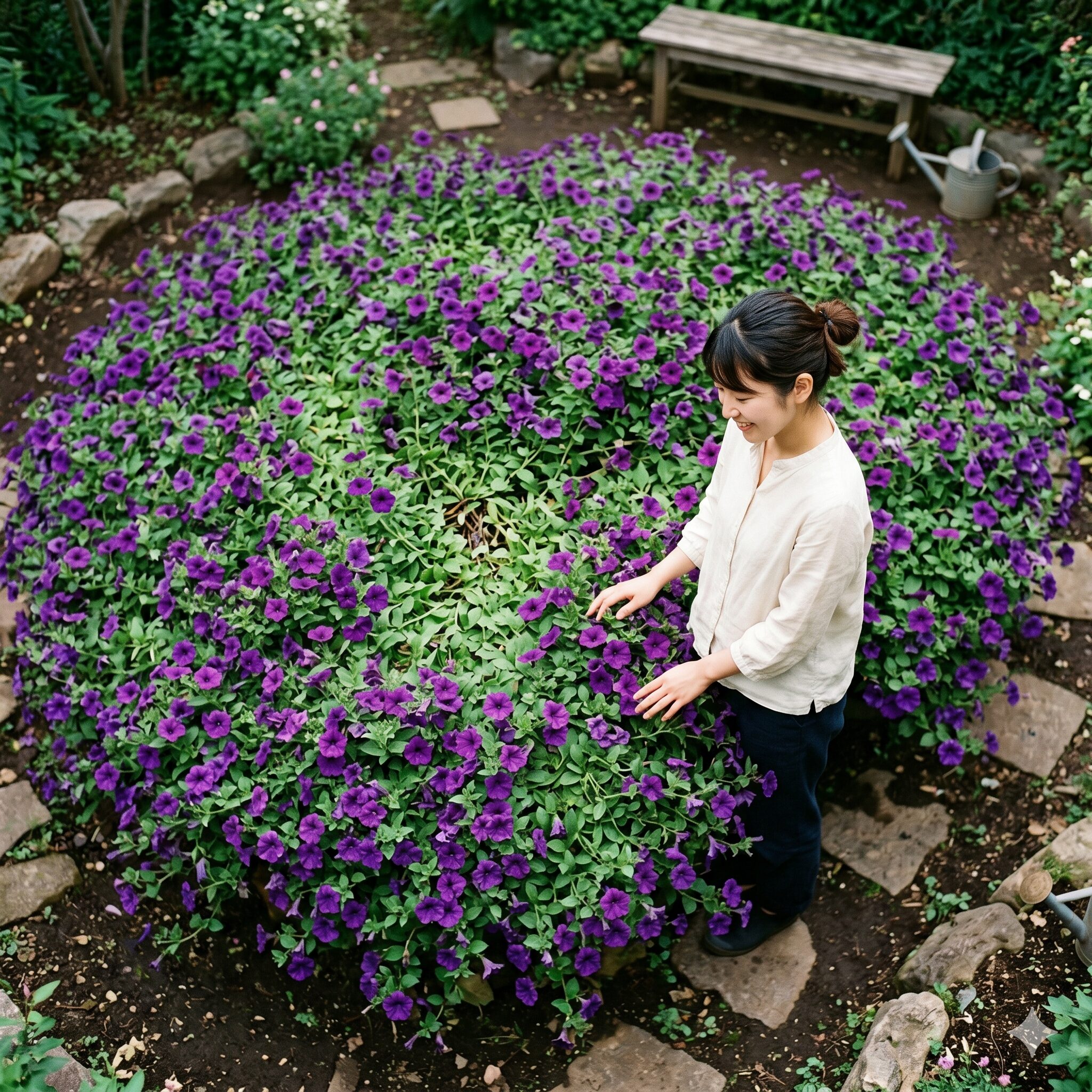 ペチュニア 地植え 花壇3　地面を埋め尽くすように匍匐して広がるサフィニアの圧倒的な開花