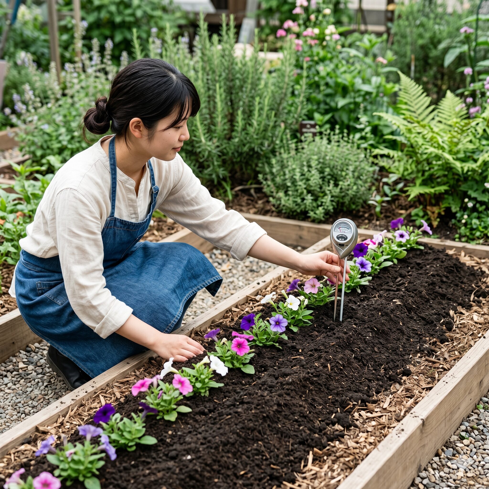 ペチュニア 地植え 花壇5　排水性を高めるために15cmほど土を盛ったペチュニアの地植え高畝