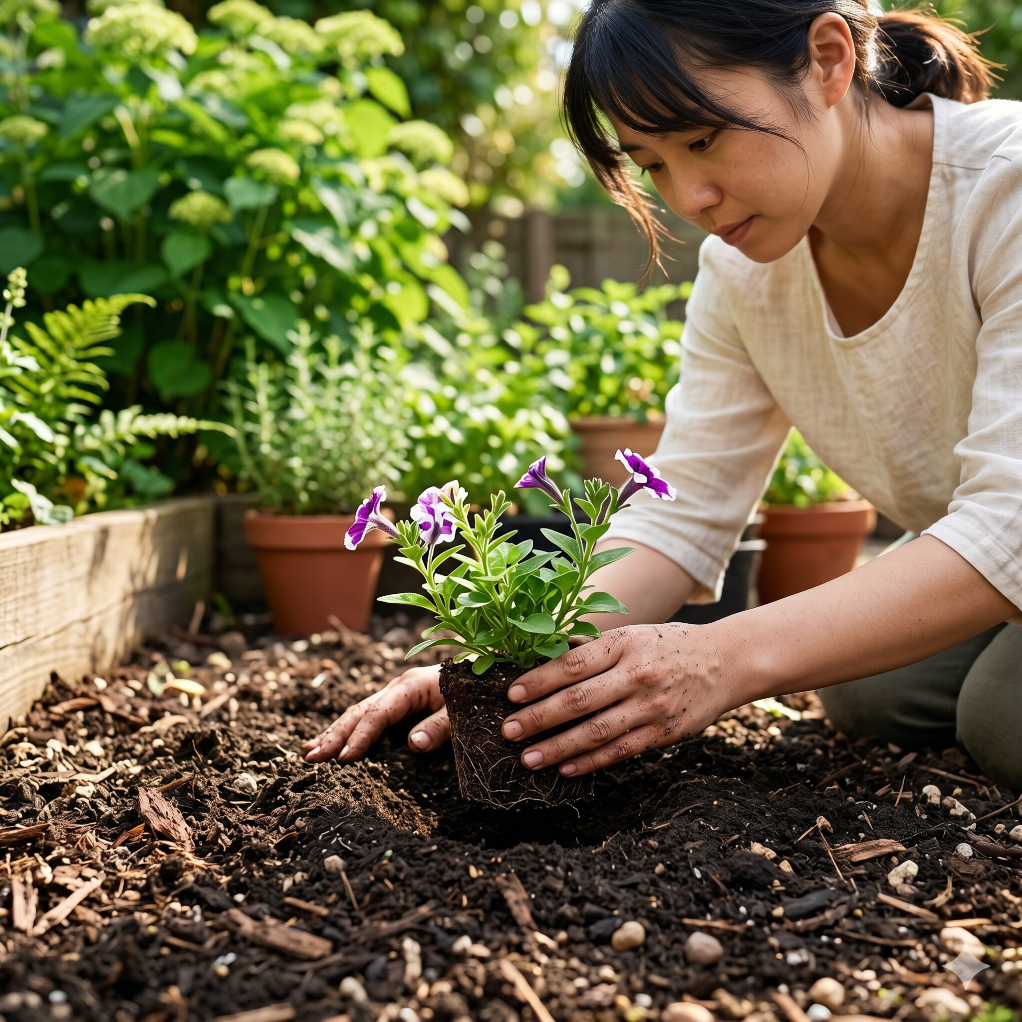 ペチュニア 地植え 花壇6　根腐れを防ぐためのペチュニア苗の正しい浅植え（肩出し植え）の様子