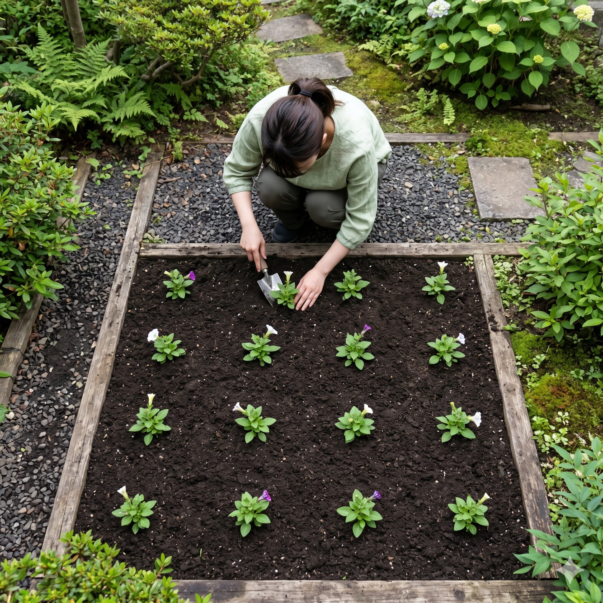 ペチュニア 地植え 花壇7　蒸れを防ぎ成長を促すためのペチュニアの適切な株間距離（40cm）