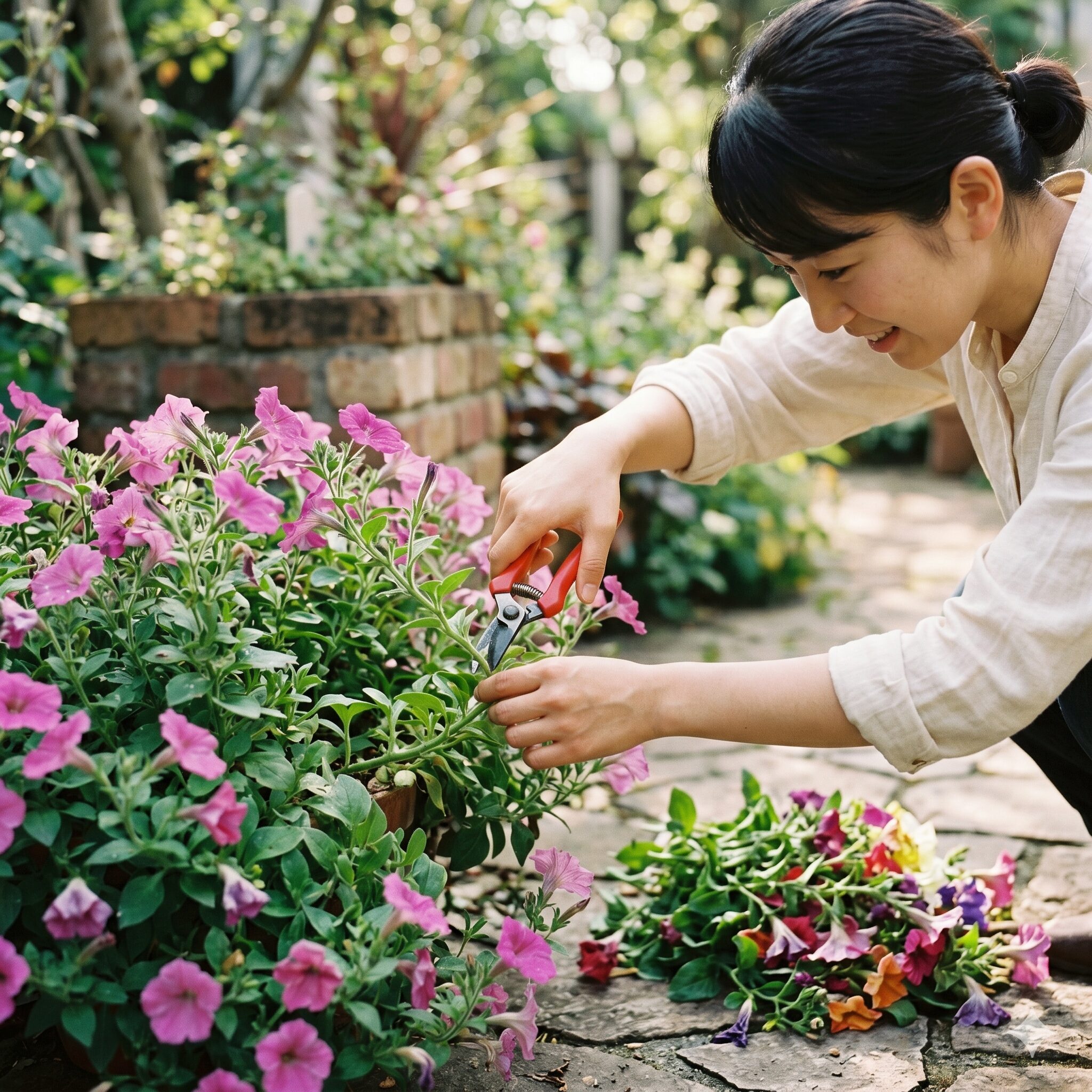 ペチュニア 地植え 花壇9　夏越しを成功させるためのペチュニアの梅雨前の切り戻し作業