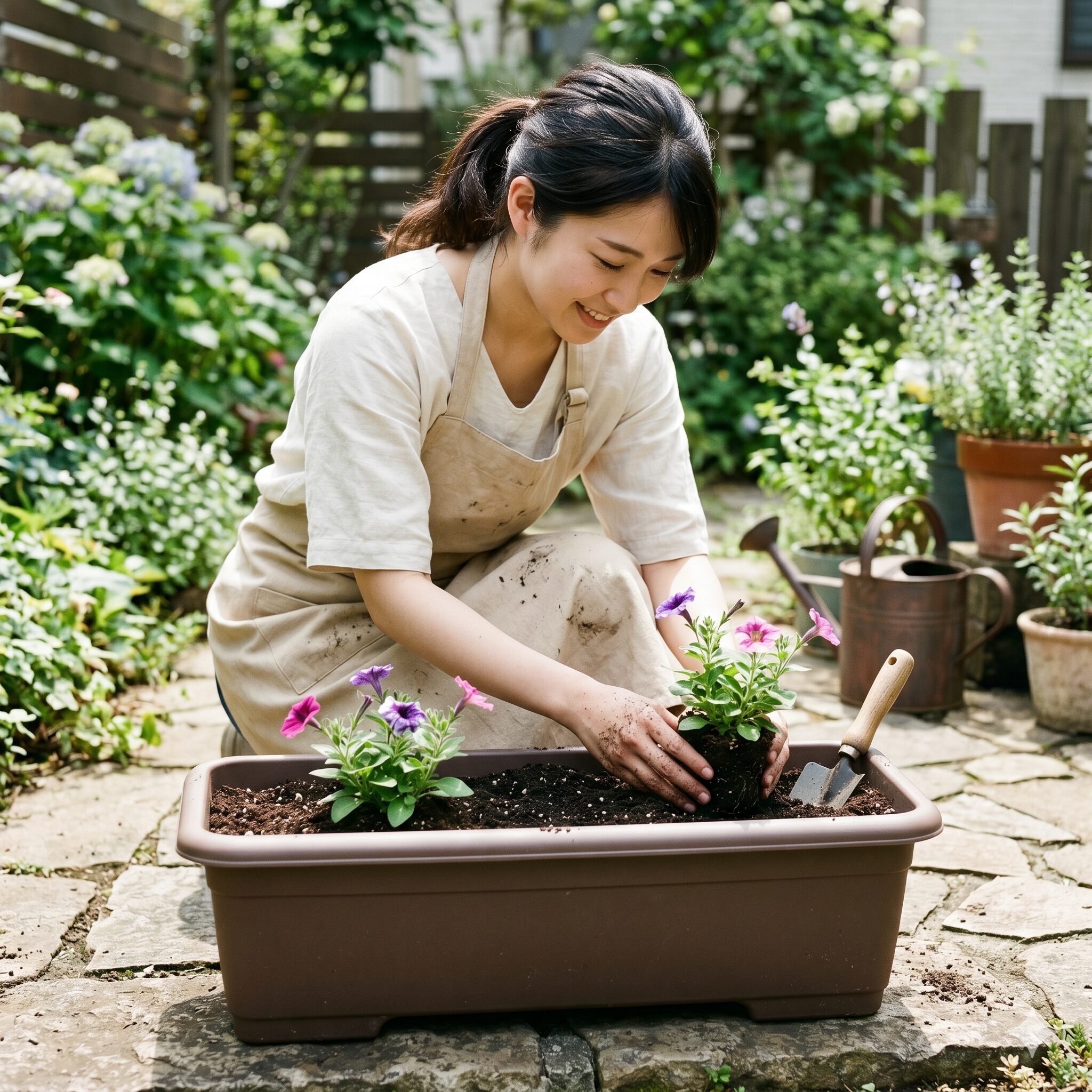 ペチュニアプランター 何株2　65cmプランターに2株のペチュニアを適切な間隔で植え付ける若い日本人女性
