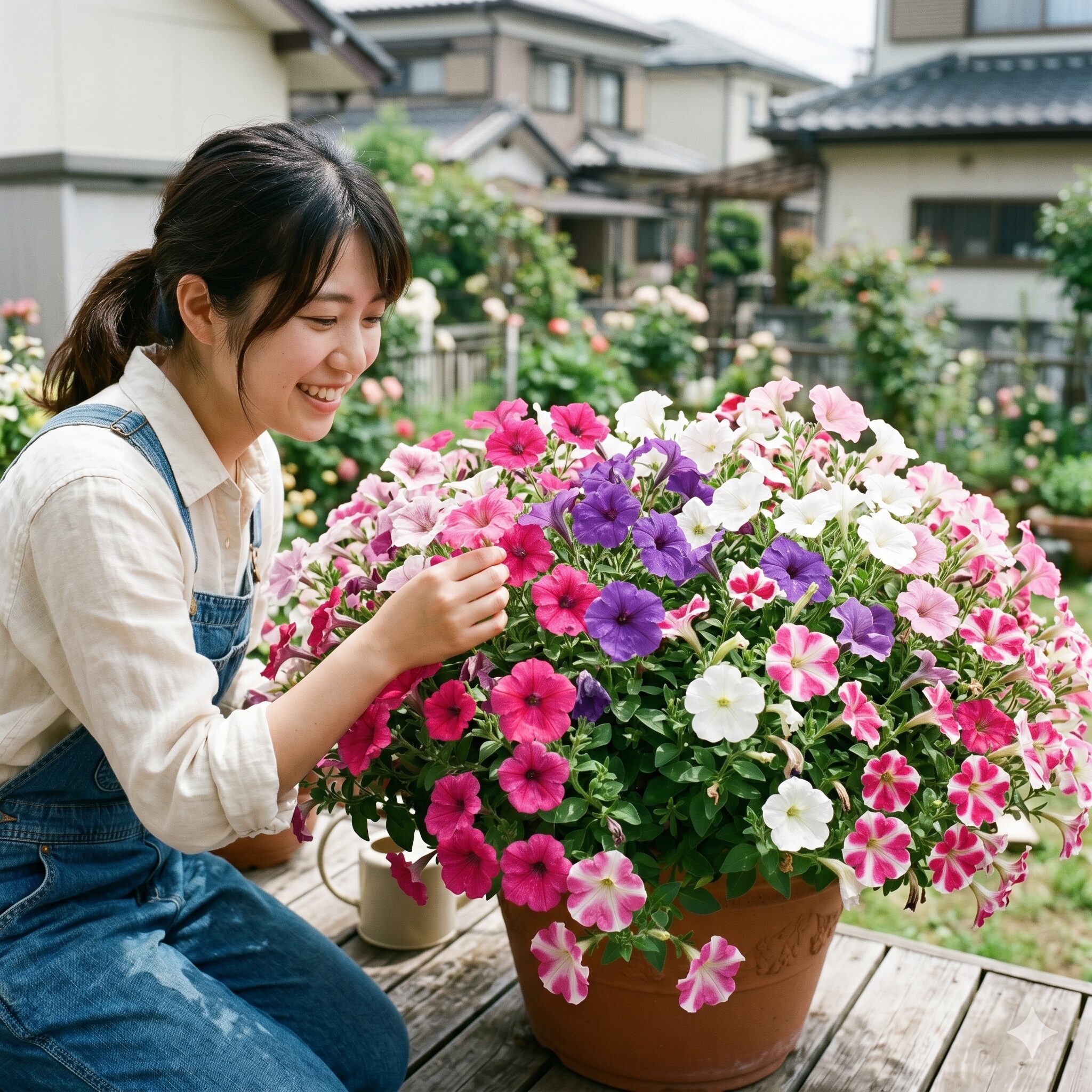 ペチュニアプランター 何株4　65cmプランターで多色植えされた一般品種のペチュニアのボリューム感