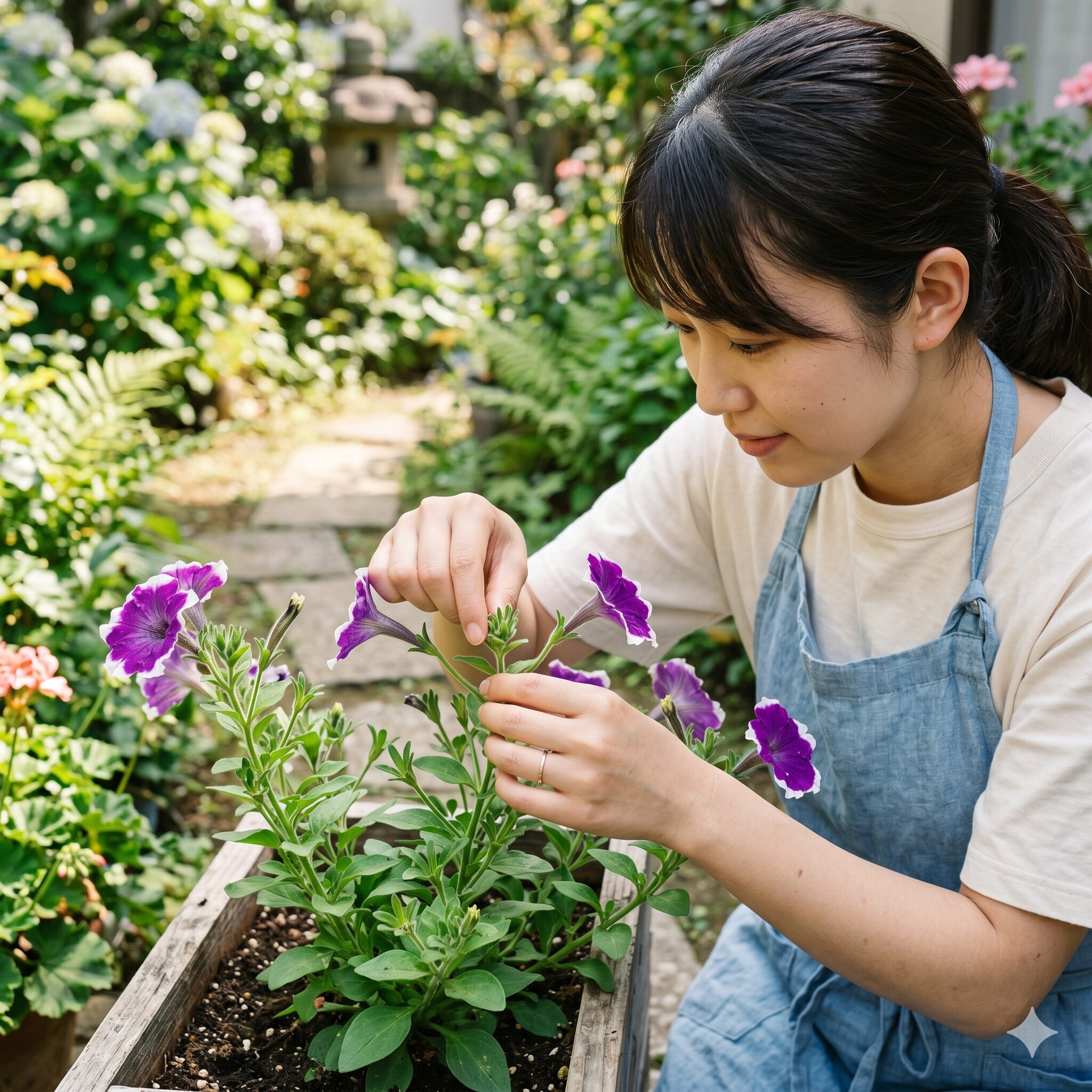 ペチュニアプランター 何株7　ペチュニアの枝数を増やすために茎の先端を摘み取る摘芯（ピンチ）の作業