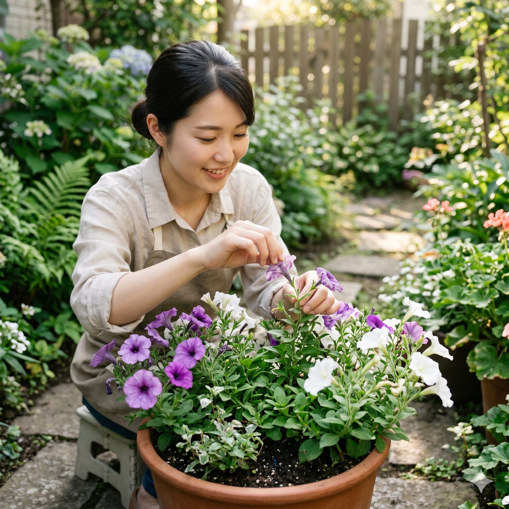 ペチュニアプランター 何株9　病気予防のためにペチュニアの咲き終わった花（花がら）を摘み取るお手入れ