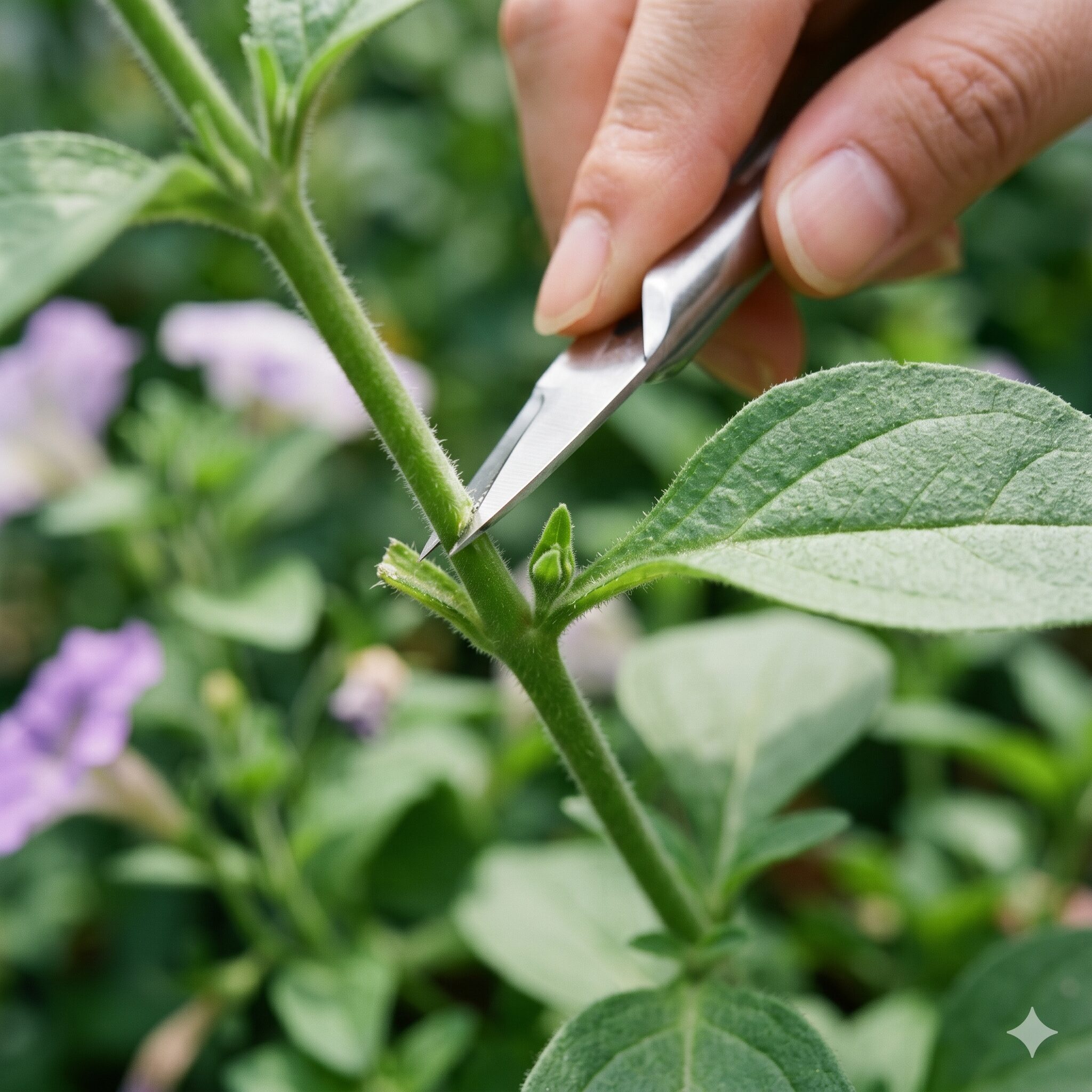 ペチュニア切り戻し やり方4　ペチュニアの茎の節と、脇芽の数ミリ上をカットする正しい位置の解説図