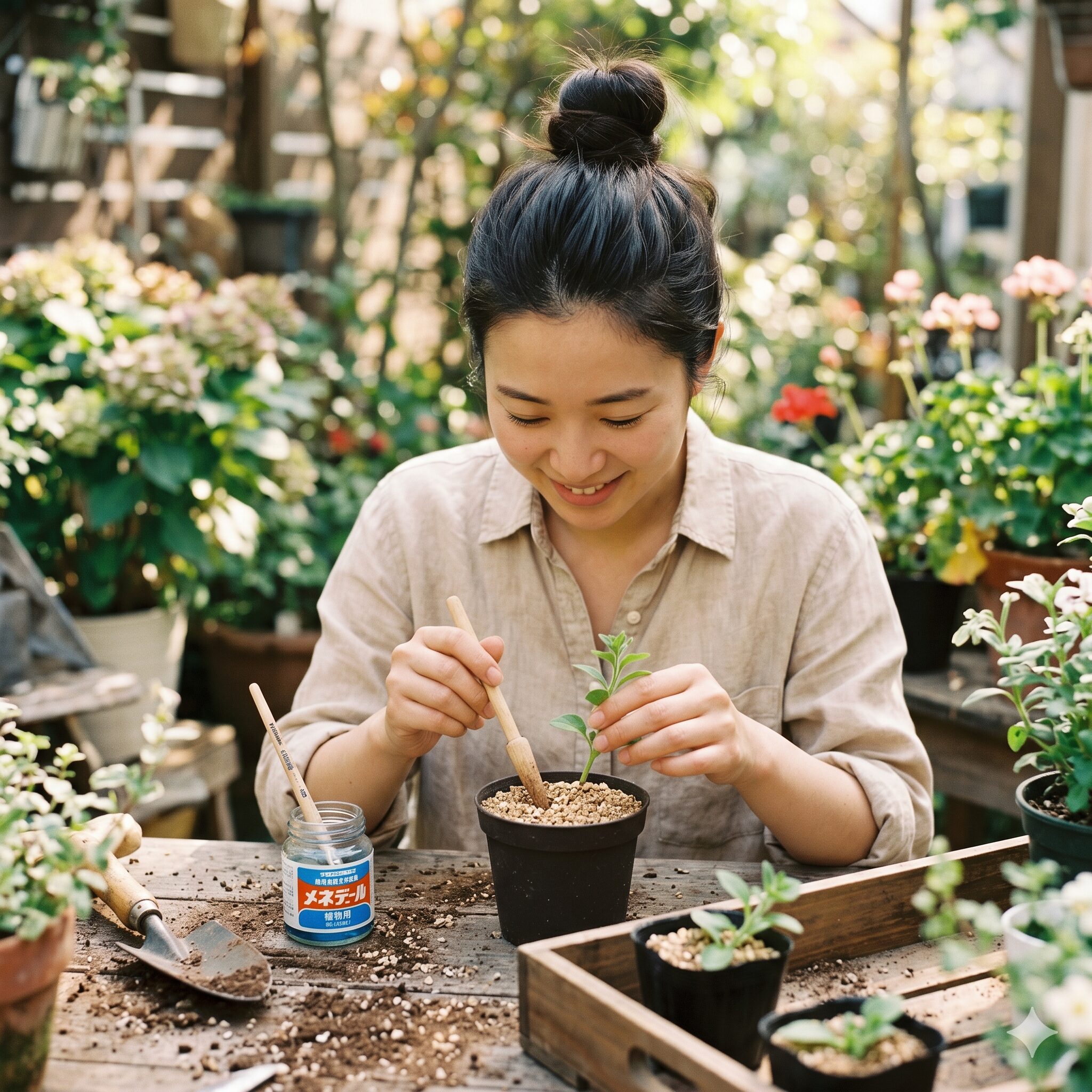 ペチュニア切り戻し やり方7　切り戻した枝を使ってペチュニアの挿し木を作る日本人女性