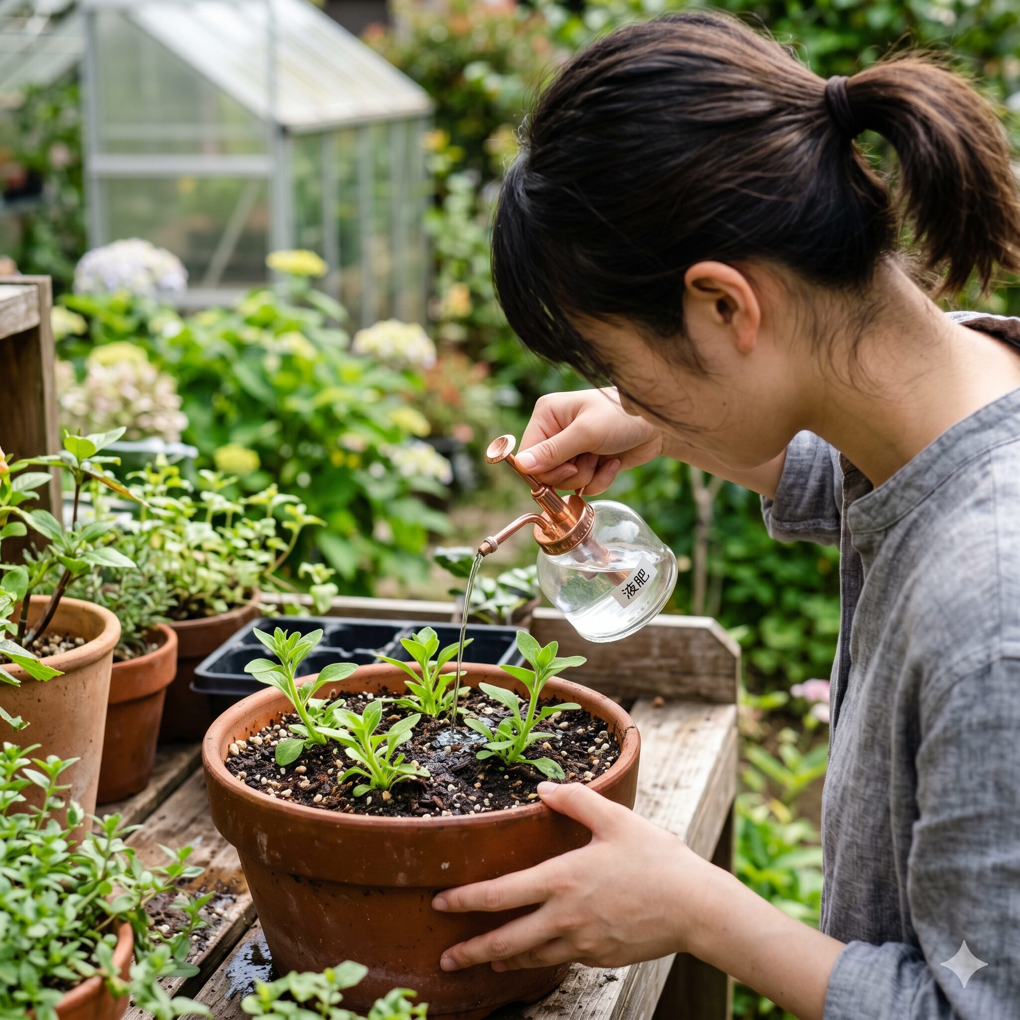 ペチュニア切り戻し やり方9　ペチュニアの新芽が伸びたタイミングで液体肥料による追肥を行う様子