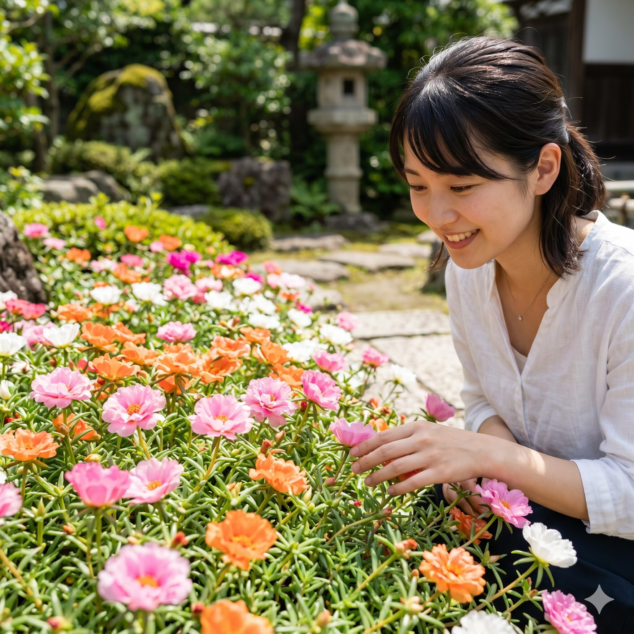 ポーチュラカ こぼれ種1　夏の庭で色鮮やかに咲き誇る満開のポーチュラカの花と笑顔の若い日本人女性