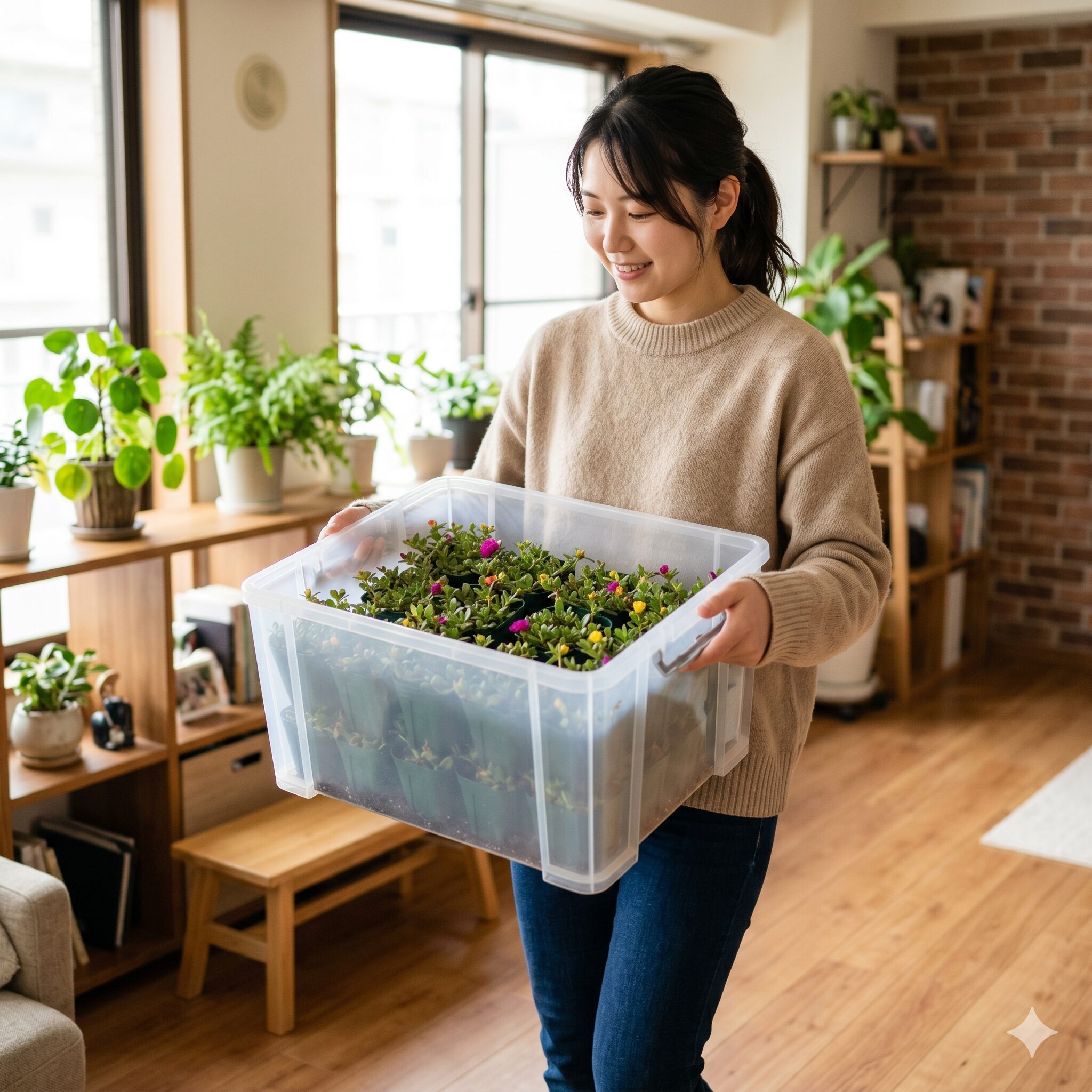 ポーチュラカ こぼれ種10 プラスチックケースにまとめて入れて冬に室内へ避難させるポーチュラカのミニ苗