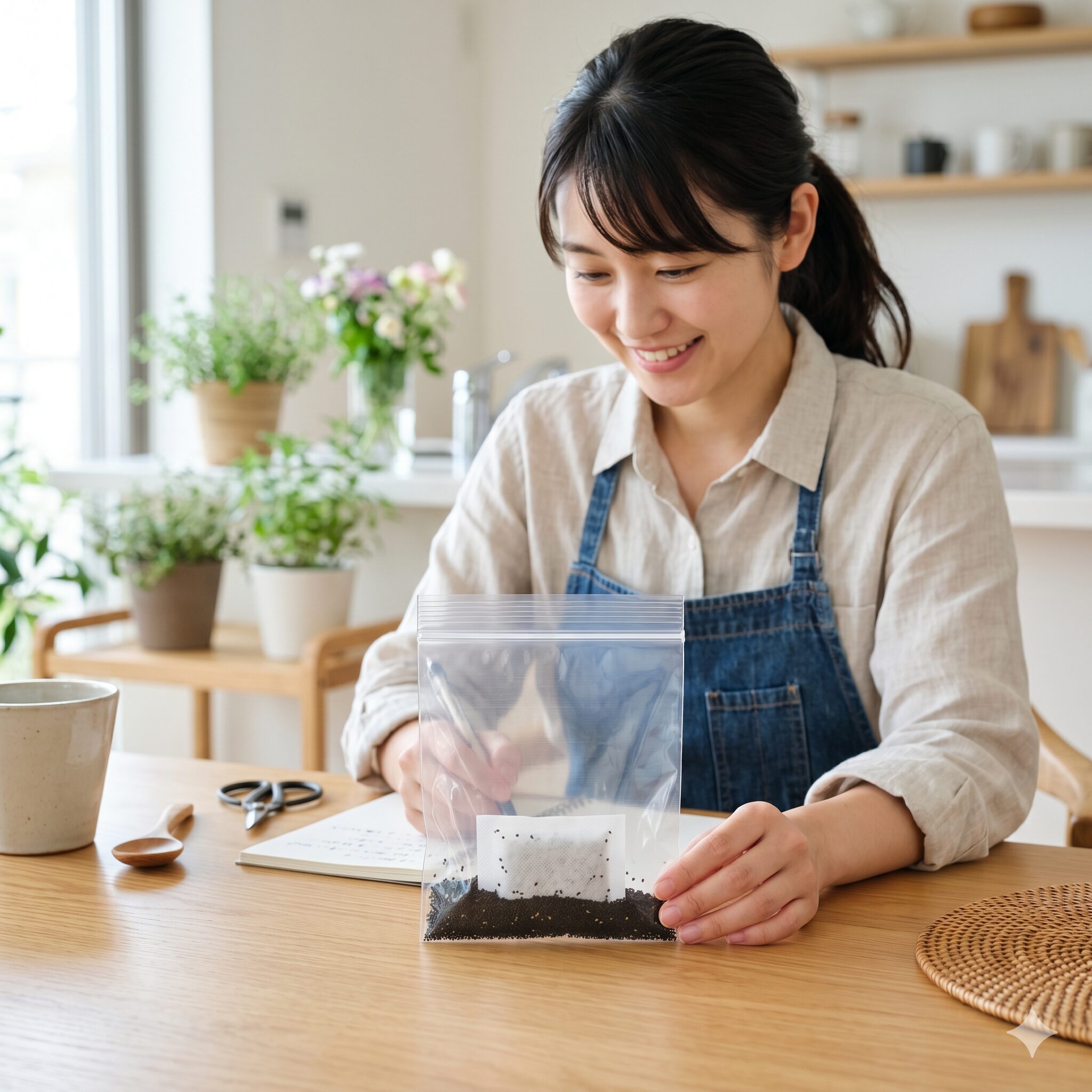 ポーチュラカ こぼれ種5 乾燥剤シリカゲルと一緒にチャック付きポリ袋に保存されたポーチュラカの種