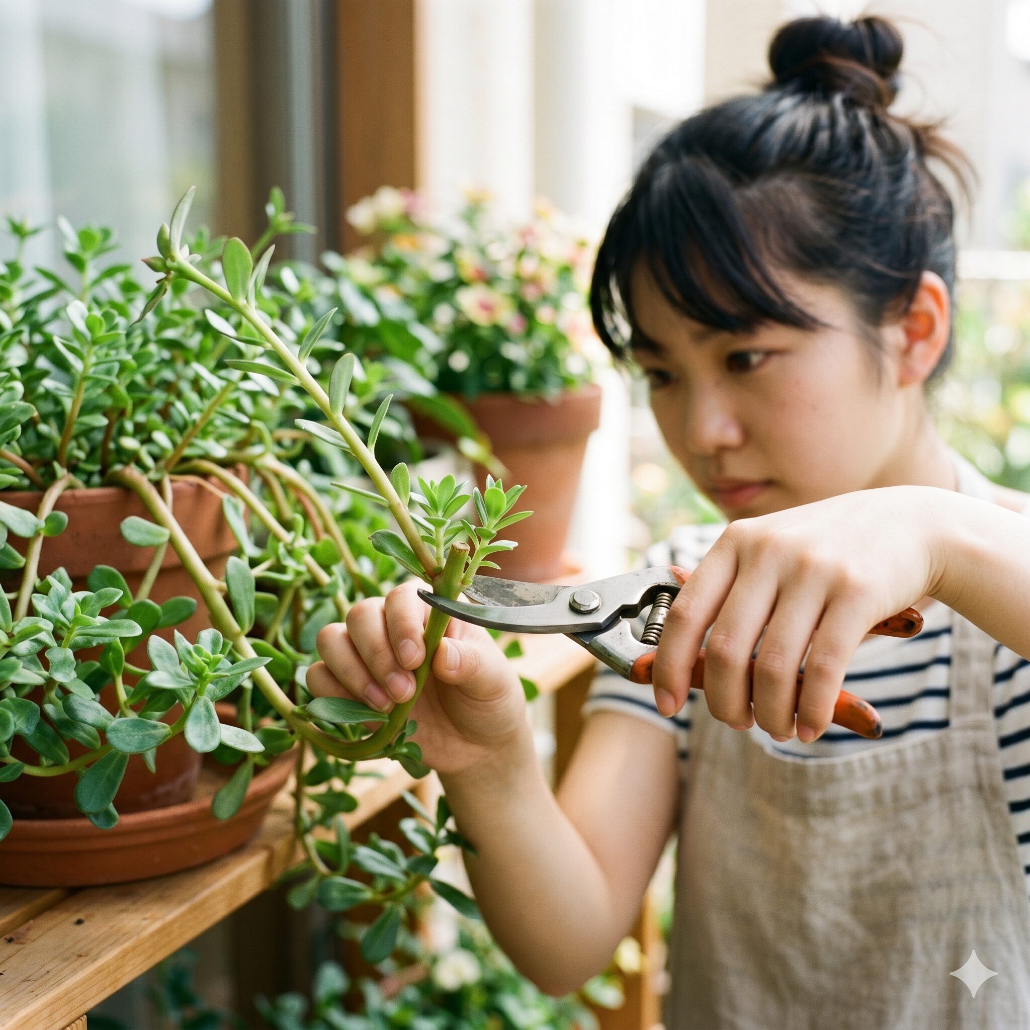 ポーチュラカ こぼれ種8 茎の節の上をハサミでカットして切り戻し剪定を行う園芸作業の様子
