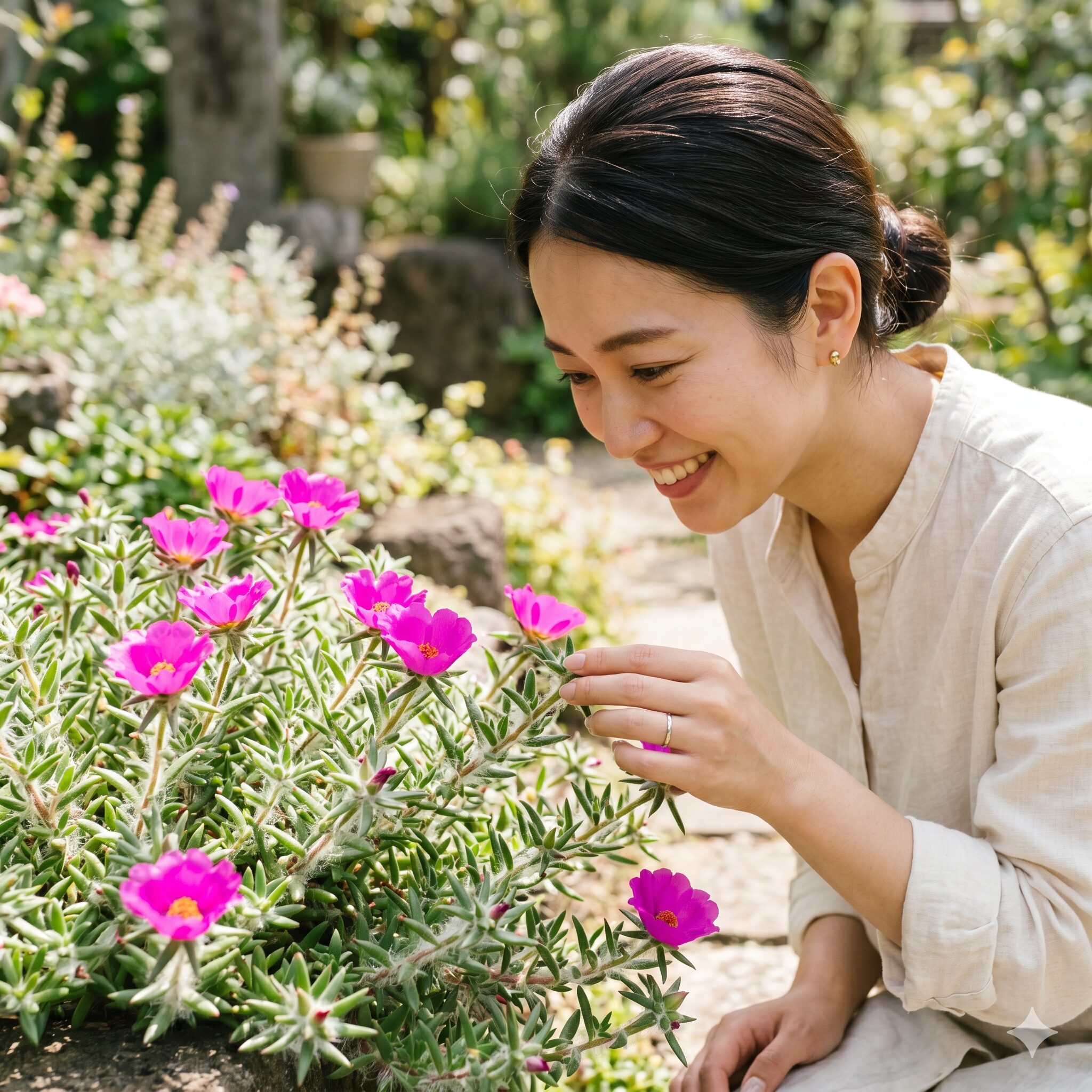 ポーチュラカ ウェル デル マニー 育て方1　白い綿毛に包まれた茎と鮮やかなマゼンタピンクの花が咲くポーチュラカ・ウェルデルマニー