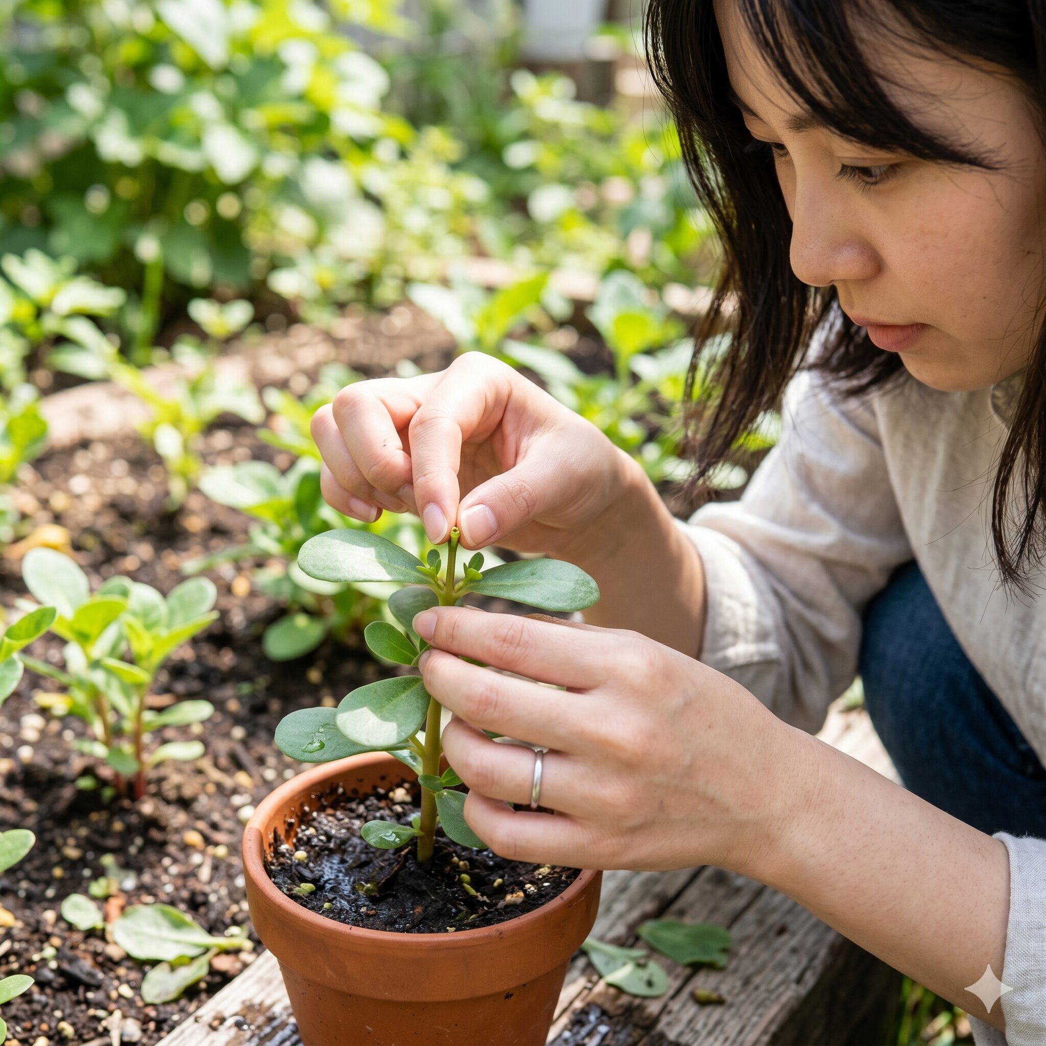 ポーチュラカ 挿し芽9 わき芽を一斉に増やして花数を幾何学的に多くするためにトップの芽を摘み取る摘心作業