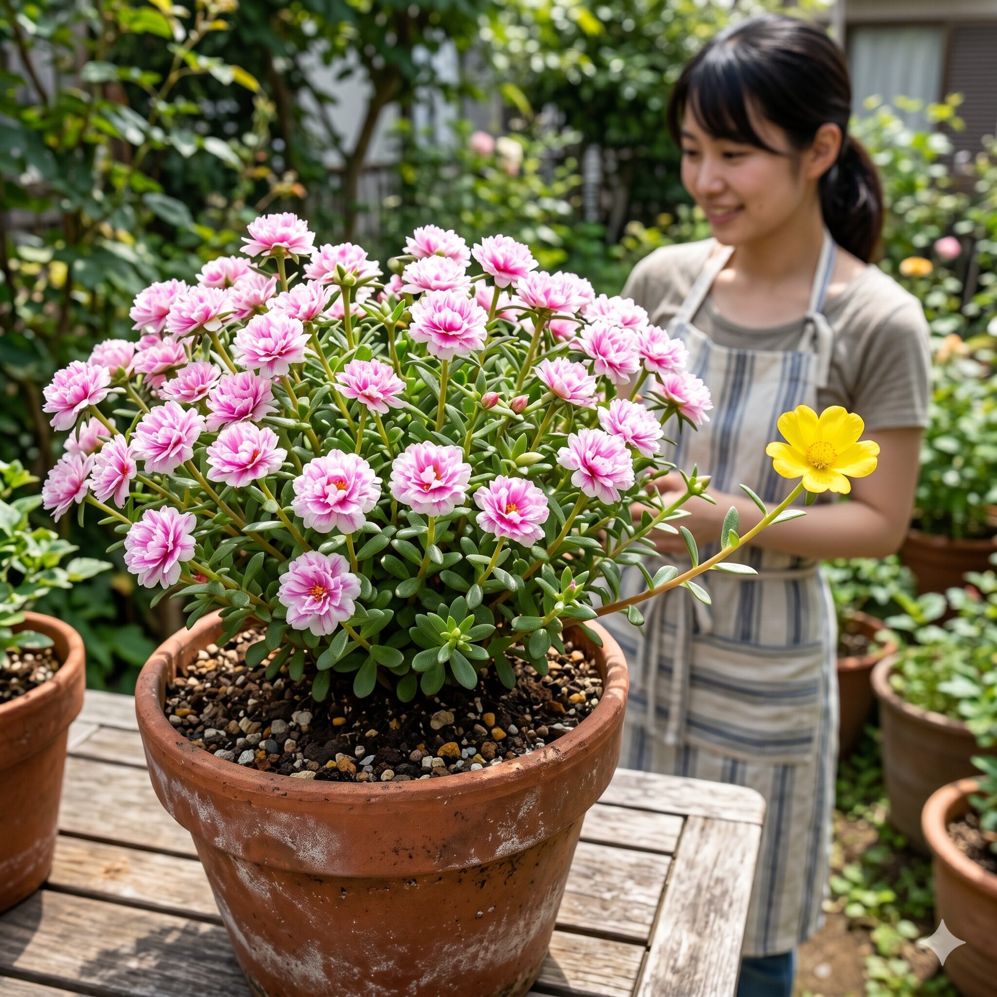 ポーチュラカ 花が咲かない10 ピンクや白の花が咲く株から突然変異のように一部分だけ原種の黄色い花が開花したポーチュラカの先祖返り