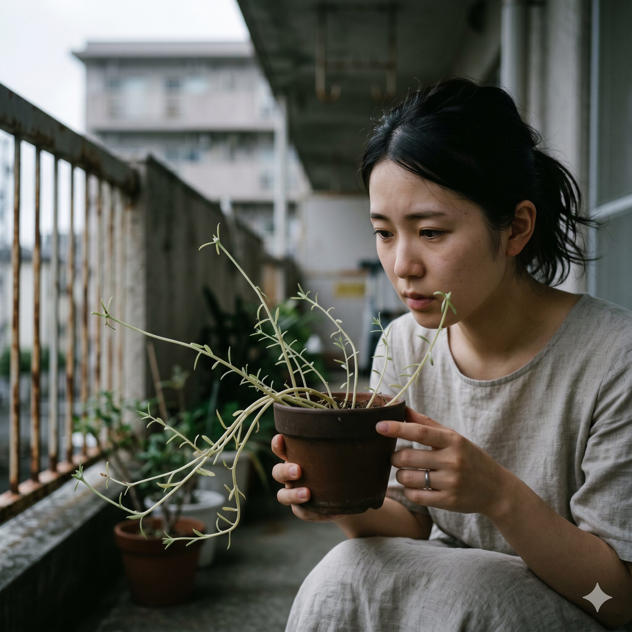 ポーチュラカ 花が咲かない2 日当たり不足が原因で茎がヒョロヒョロと細長く伸びてつぼみがつかないポーチュラカの徒長症状