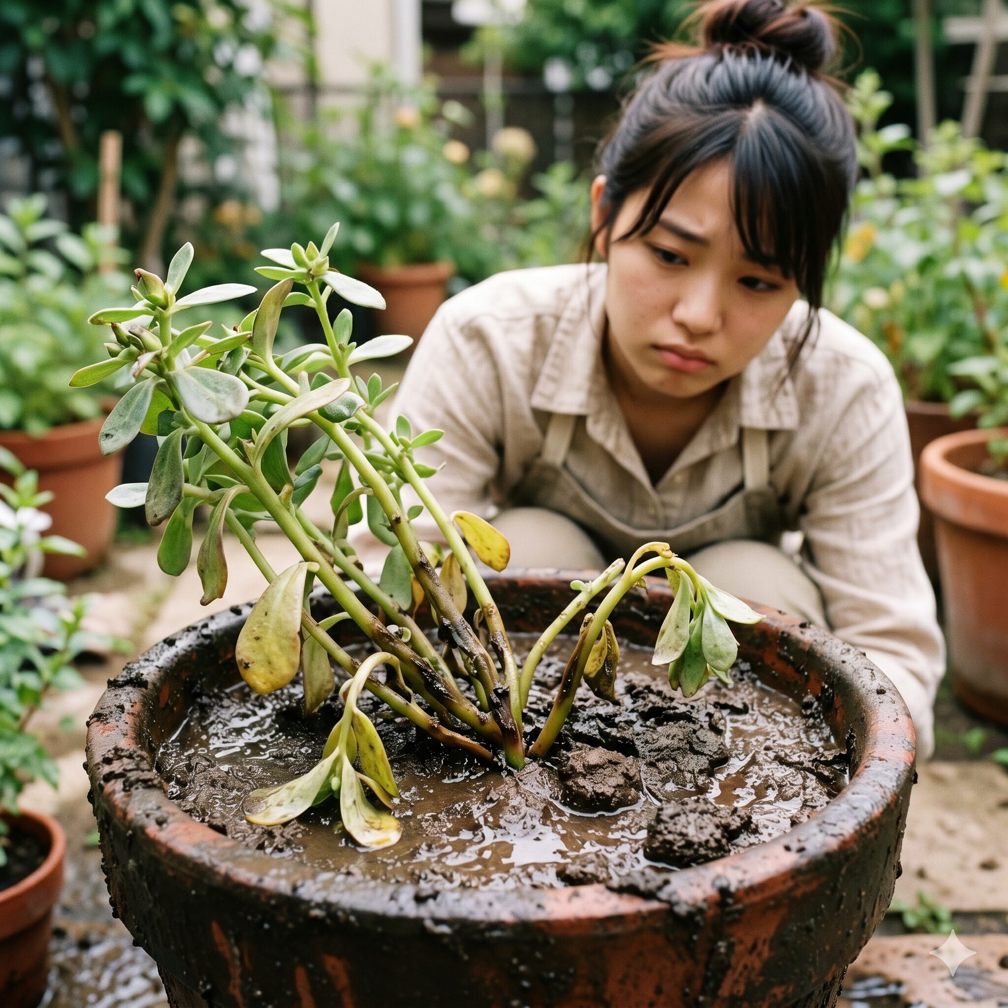 ポーチュラカ 花が咲かない3 水のやりすぎによって土壌が過湿になり茎の根本が傷み始めているポーチュラカ