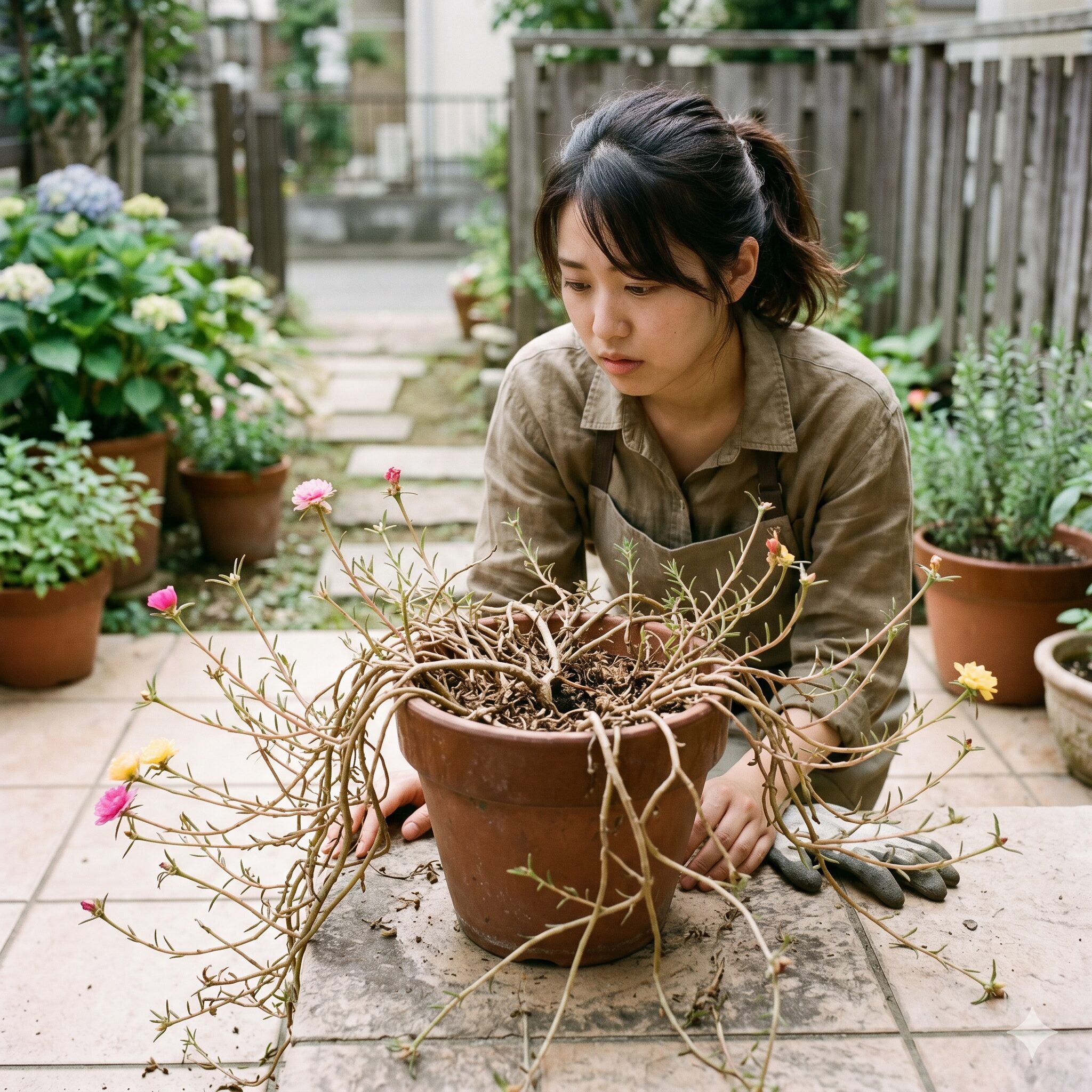 ポーチュラカ 花が咲かない5 切り戻しを怠ったために茎の先端にしか花がつかず中心部がスカスカに禿げ上がったポーチュラカ