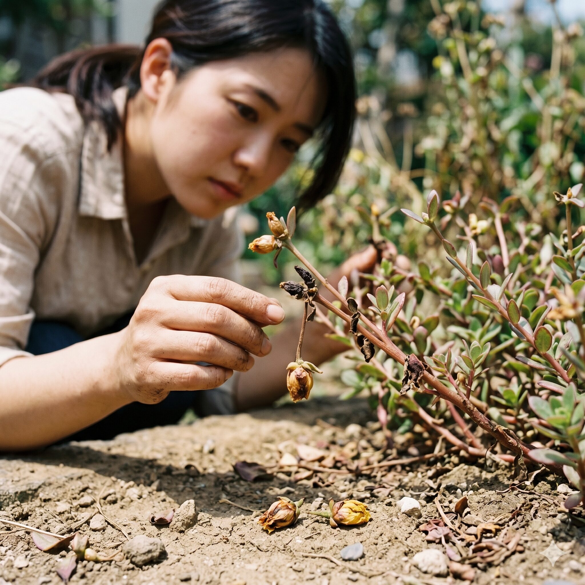 ポーチュラカ 花が咲かない6 環境ストレスや水切れが原因で黄色く変色して開花前にポロポロと落ちてしまうポーチュラカのつぼみ