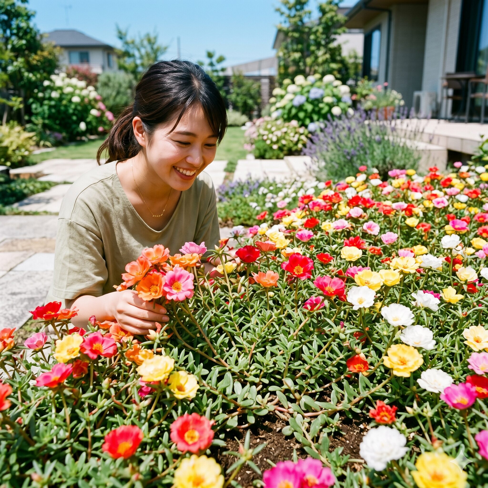 ポーチュラカ 花壇1　夏の太陽光を浴びて色鮮やかに一斉開花したポーチュラカの美しい花壇