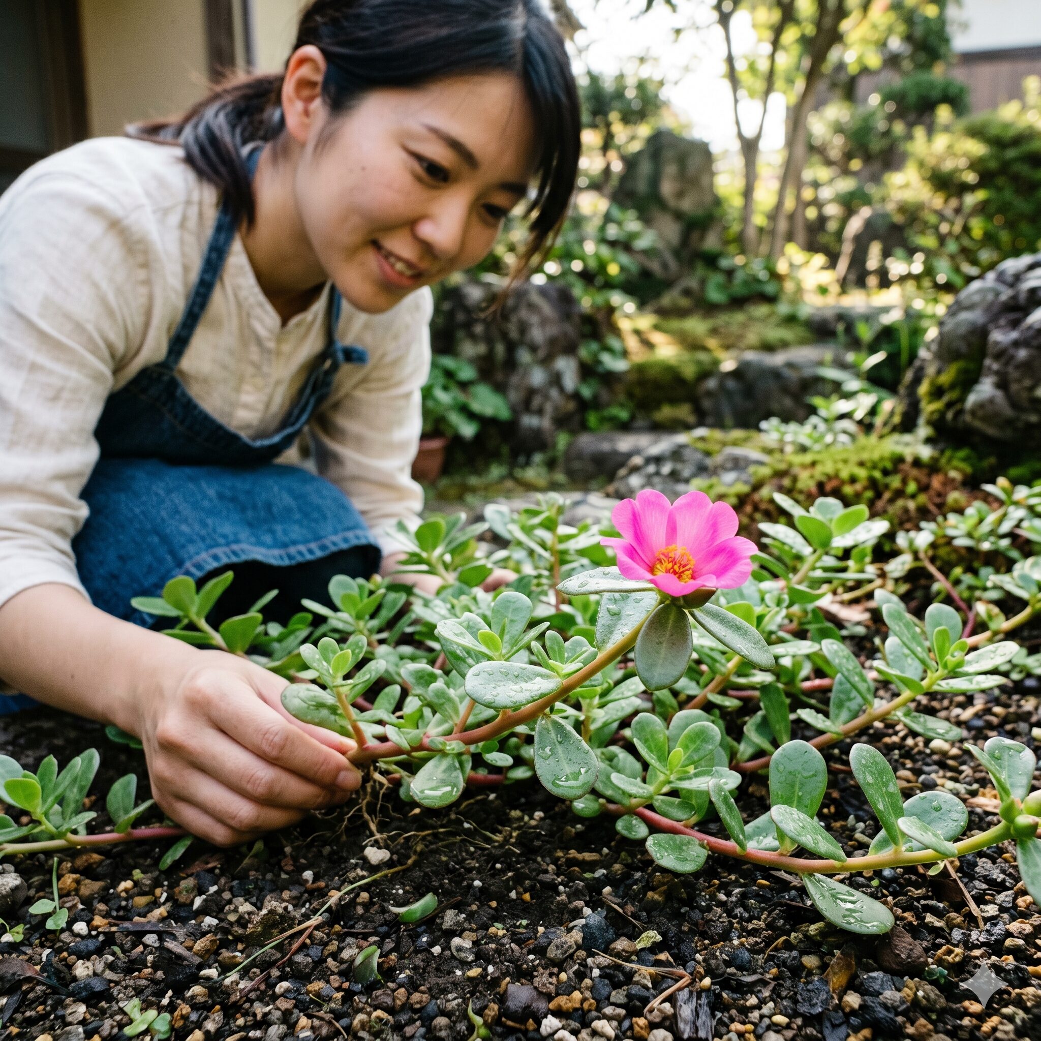 ポーチュラカ 花壇2　水分を蓄える肉厚な葉とピンクの花が特徴的なハナスベリヒユ（ポーチュラカ）のクローズアップ