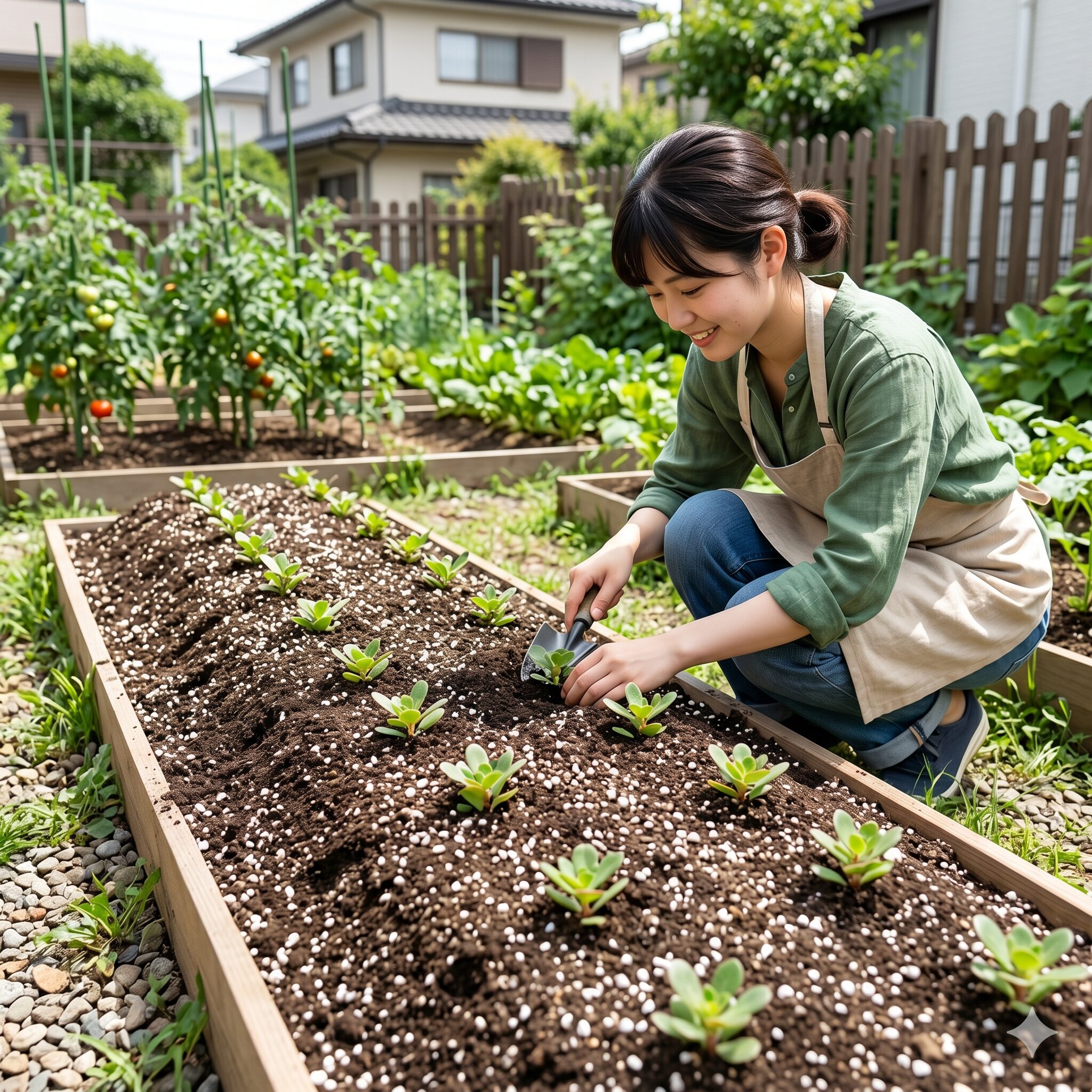 ポーチュラカ 花壇4　水はけと通気性を劇的に高めるために土を高く盛った花壇の高畝設計の構造