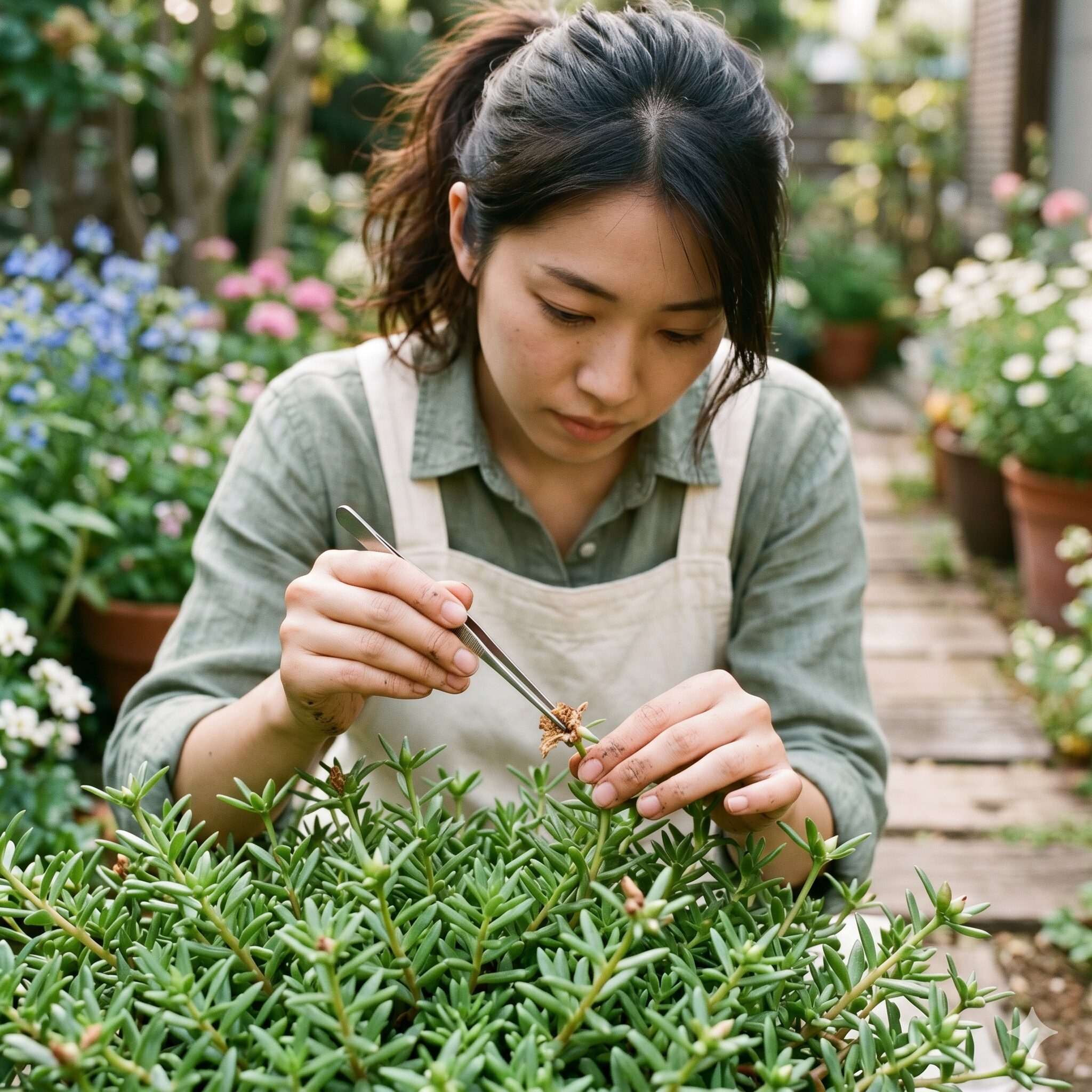 ポーチュラカ 花壇8　灰色かび病などの病気を受けにくくするために手作業で丁寧に行うポーチュラカの花がら摘み
